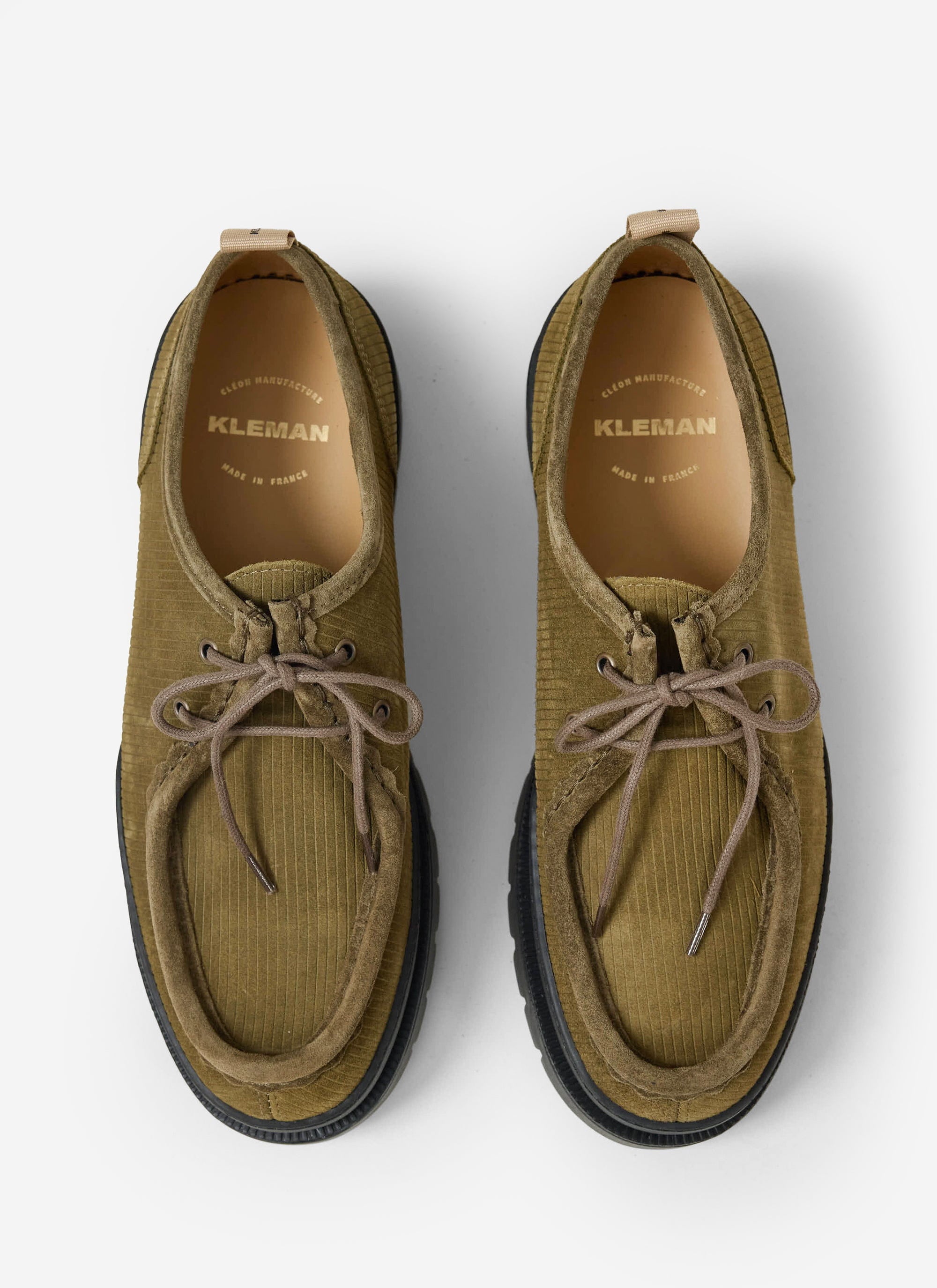 Percival's Kleman Major V Cord Shoe in khaki, pictured from above to show the corduroy upper and chunky rubber sole.