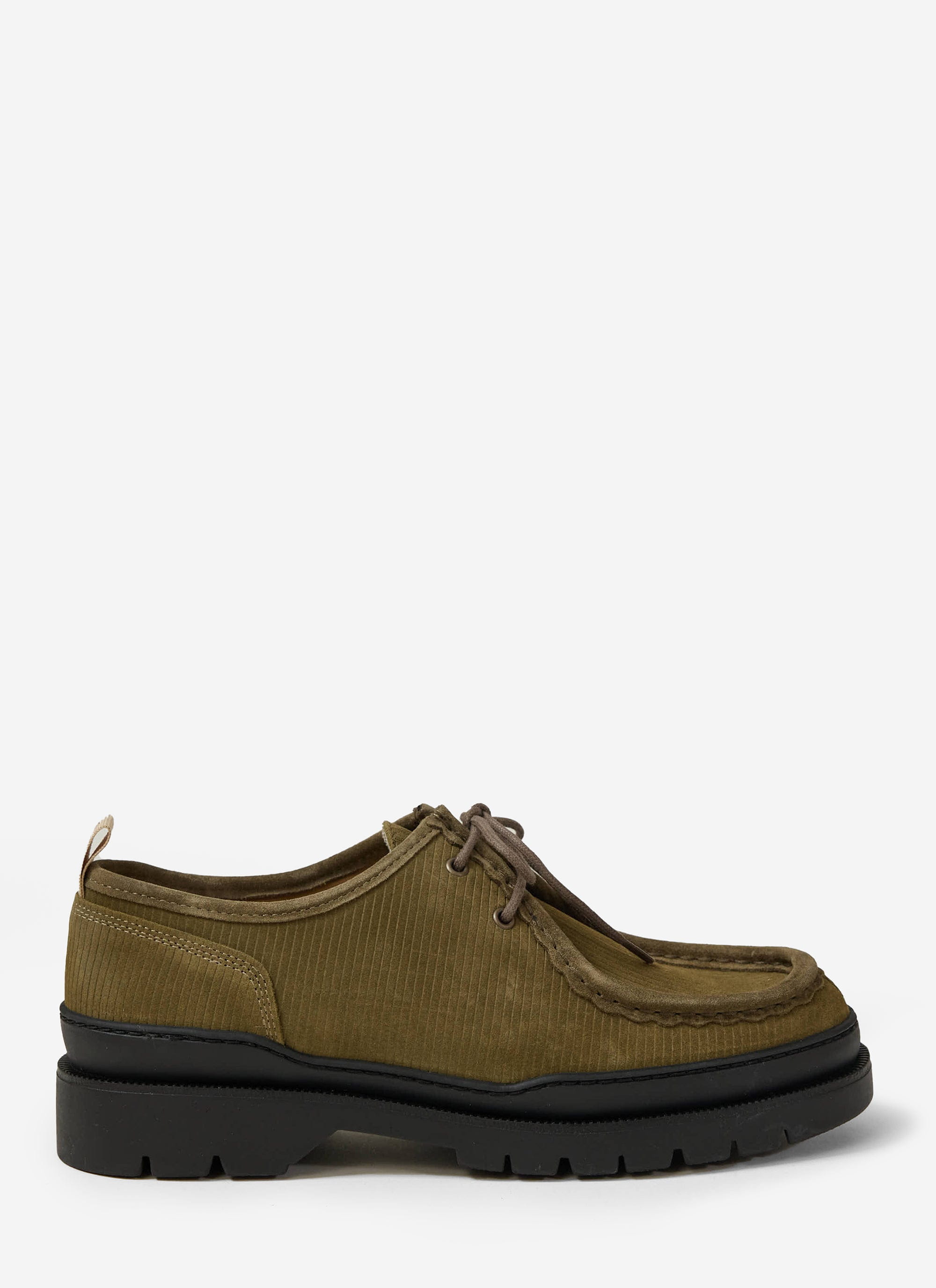 The Percival Kleman Major V Cord Shoe in khaki corduroy, shot from the side to show the chunky black rubber sole.
