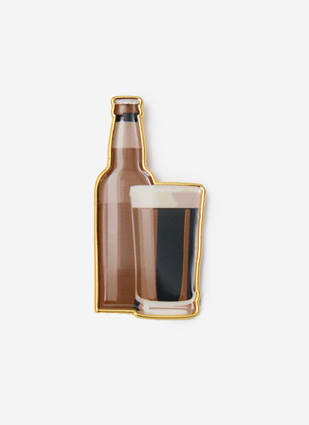 The Percival Stout Pin Badge, featuring a beer bottle and a pint of stout, with a gold metal outline.