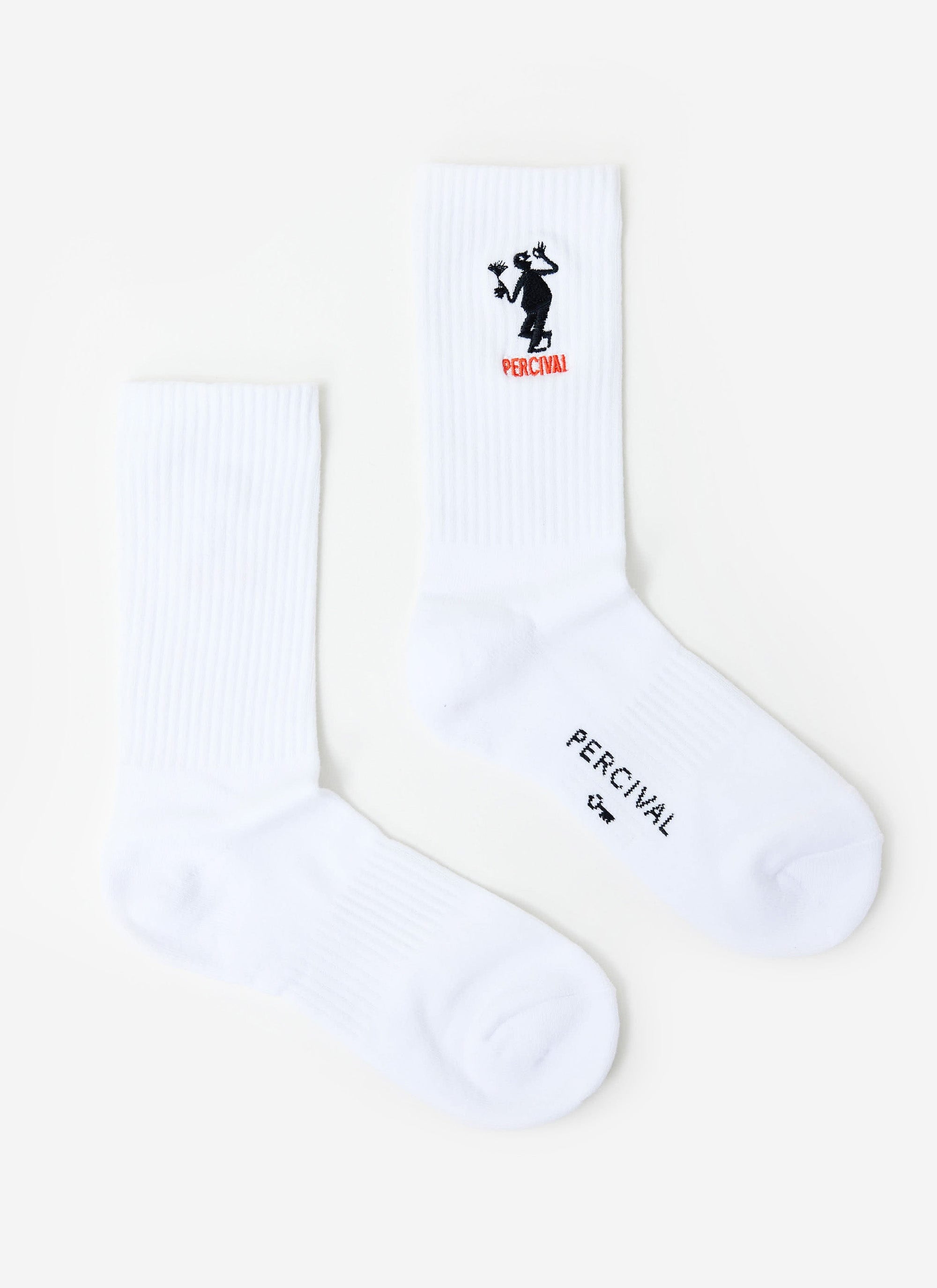 The Percival Carlo Mixologist Embroidered Socks in white, laid flat to display the embroidered graphic and sole branding.