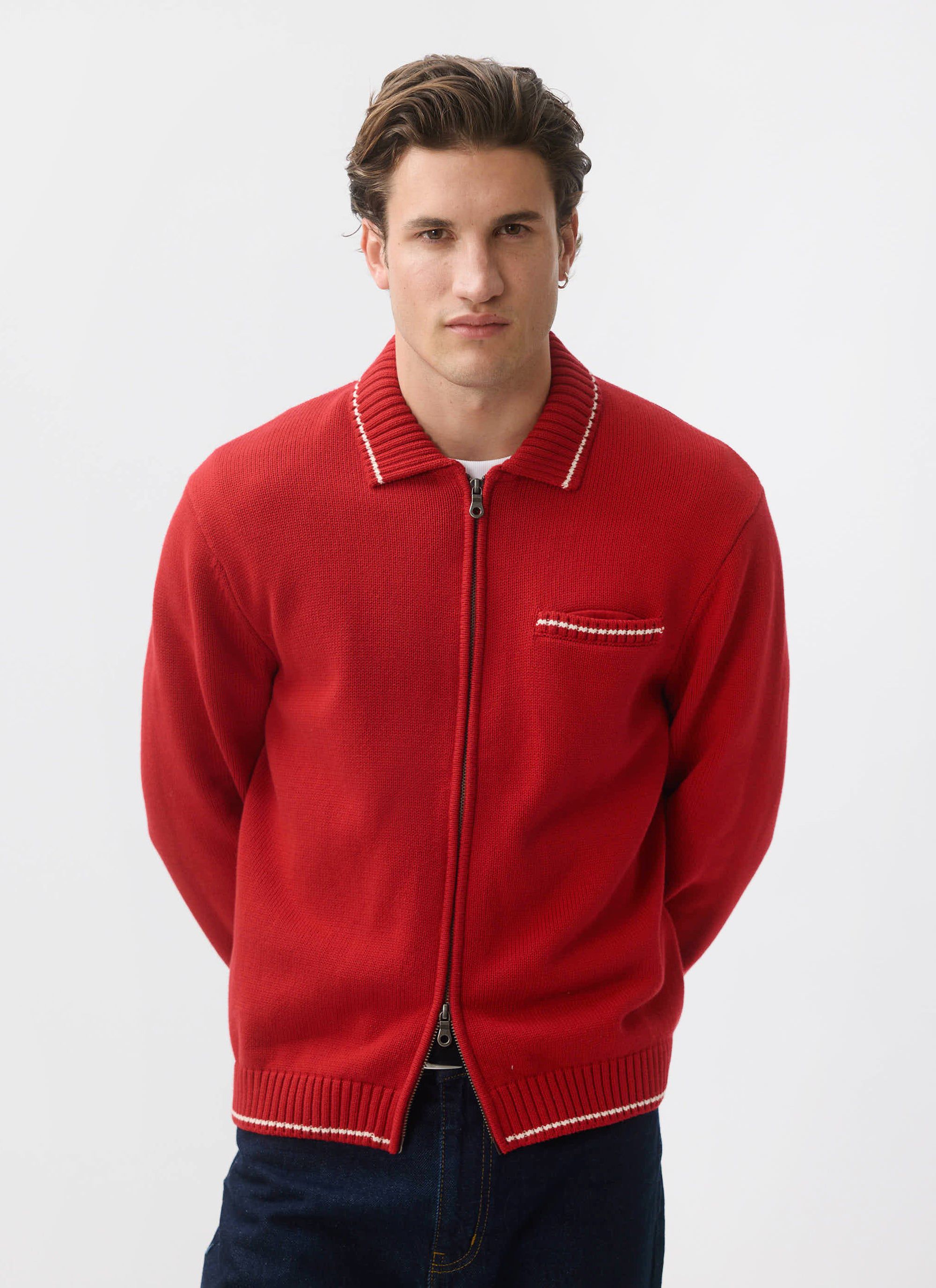 Men's Knitted Zip Up Cardigan | Cotton | Red | Percival Menswear