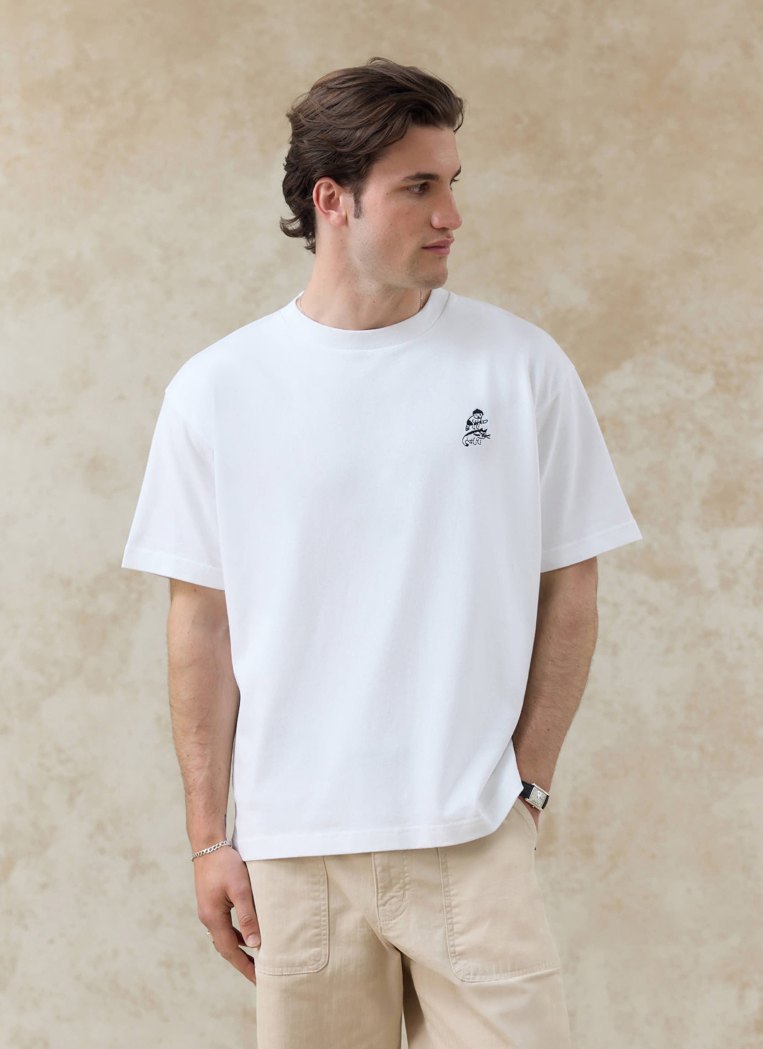 White Percival Palmer organic cotton T-shirt with chest embroidery; want more? Check out our new SS26 collection.