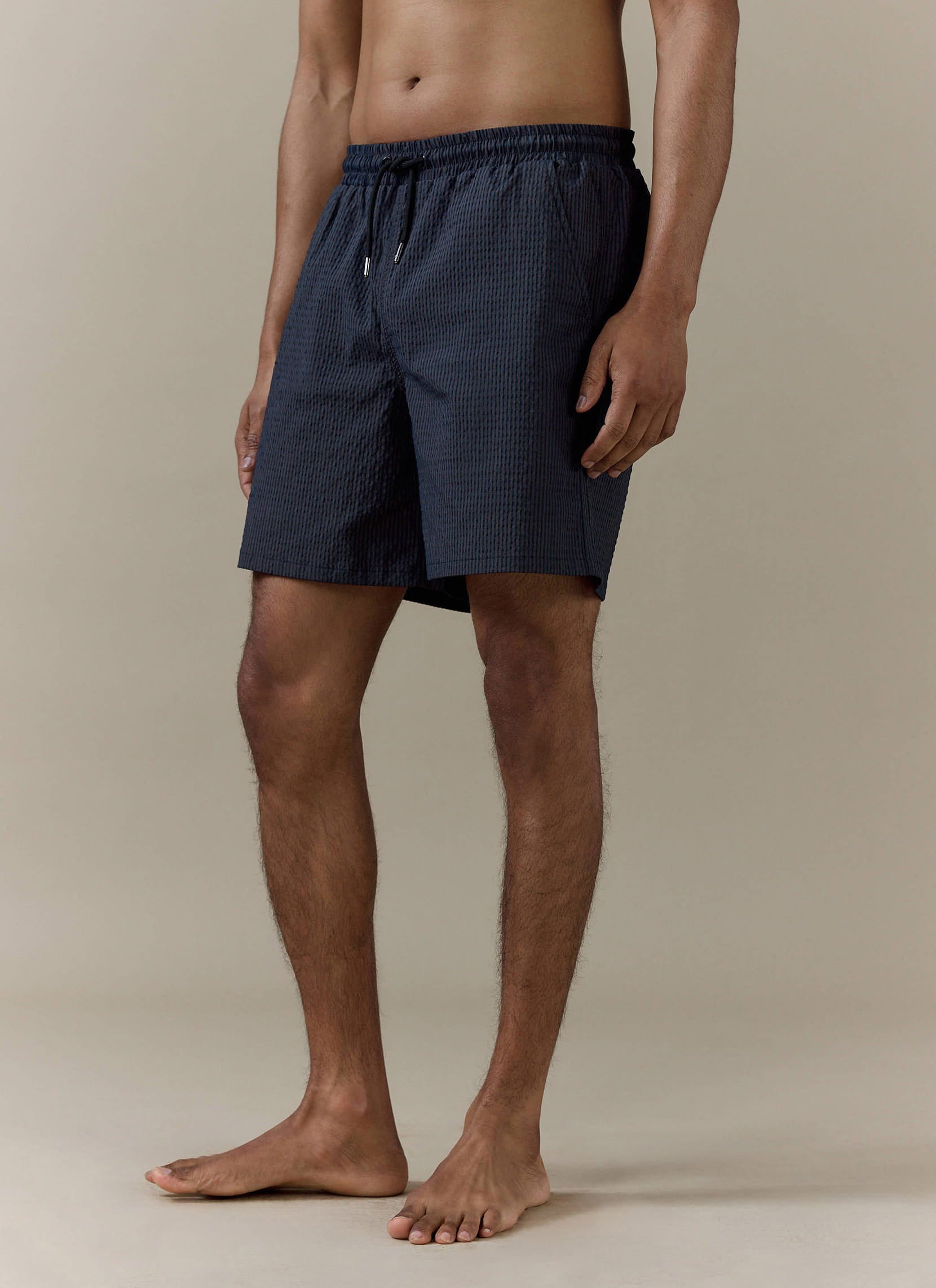 Percival navy stripe Rowan Seersucker Swim Shorts featuring a drawstring waist and textured cotton-blend fabric.