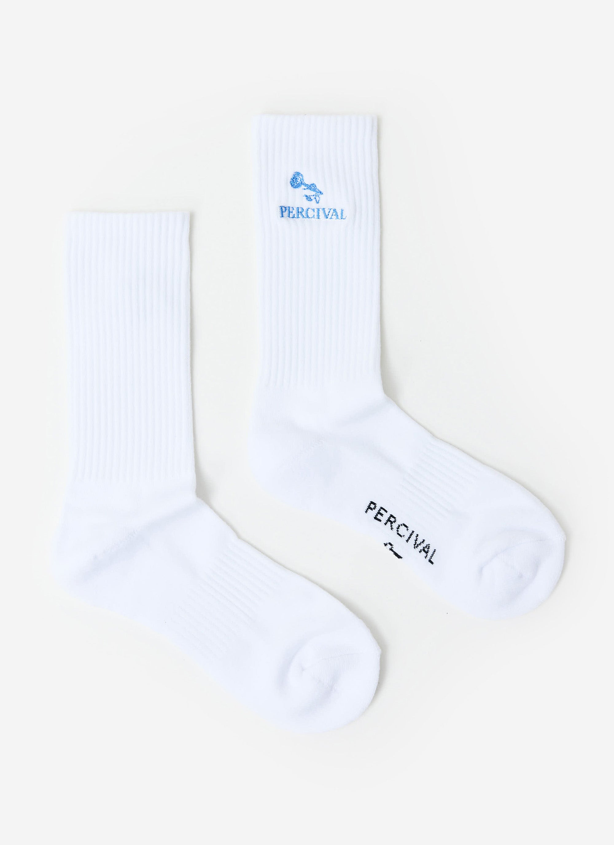 The Percival Smith Floral Embroidered Socks in white, showing the blue logo embroidery, laid flat on a studio background.