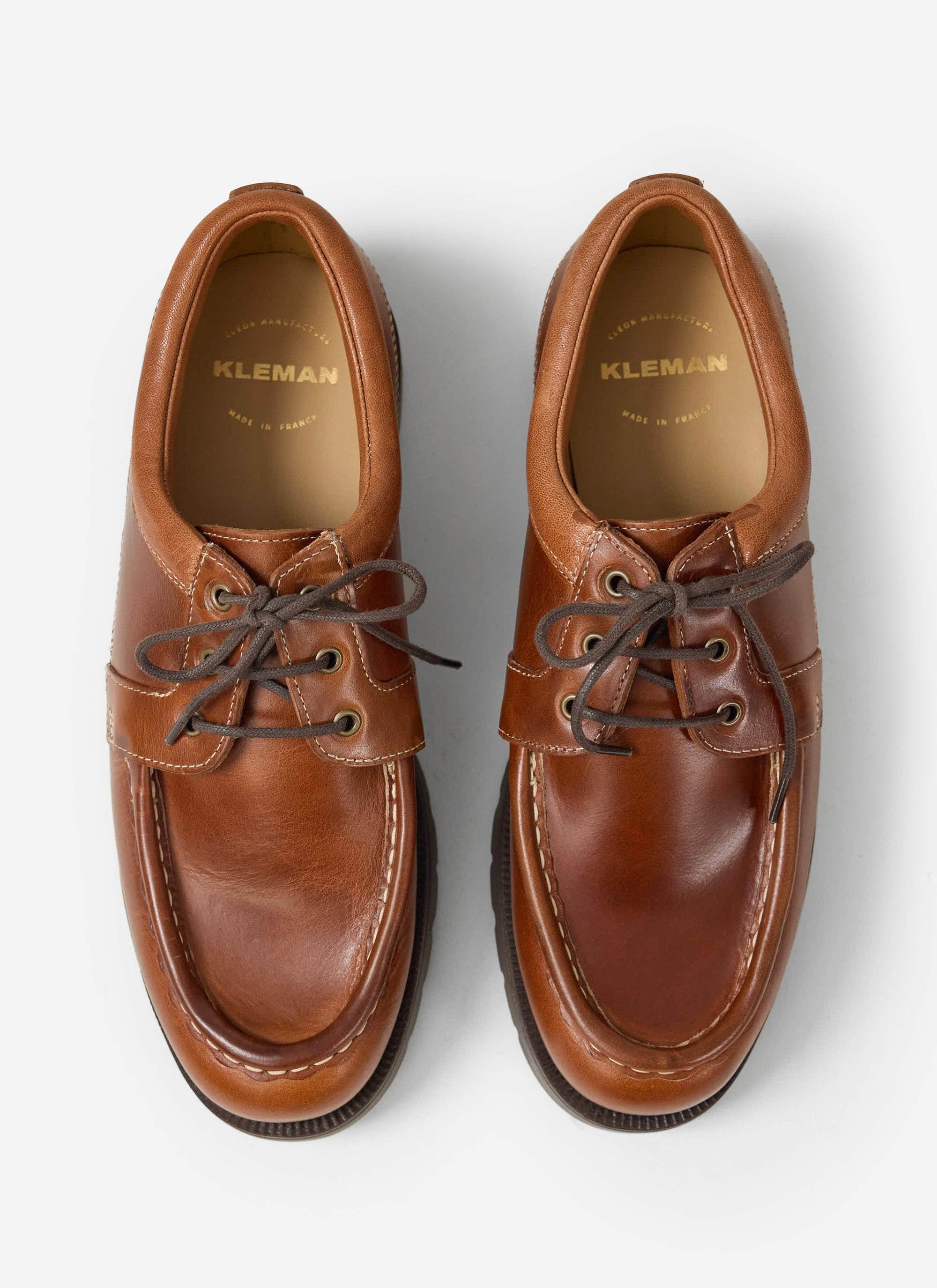 The Kleman Alfan TH Shoe in cognac leather, available from Percival, shot from above against a white background.