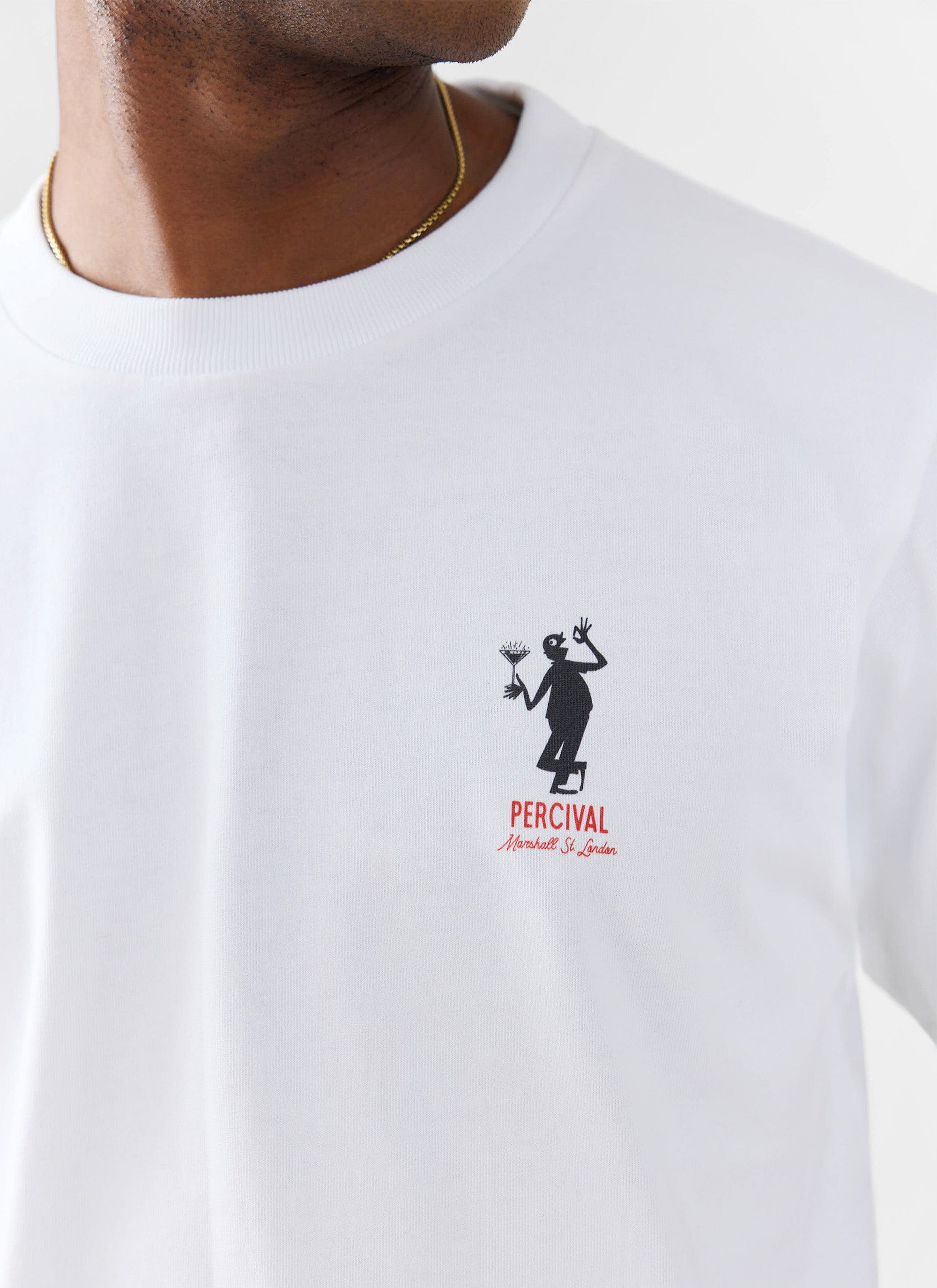 A close-up of the Percival Carlo Mixologist t-shirt in white, showing the unique cocktail-themed graphic on the chest.