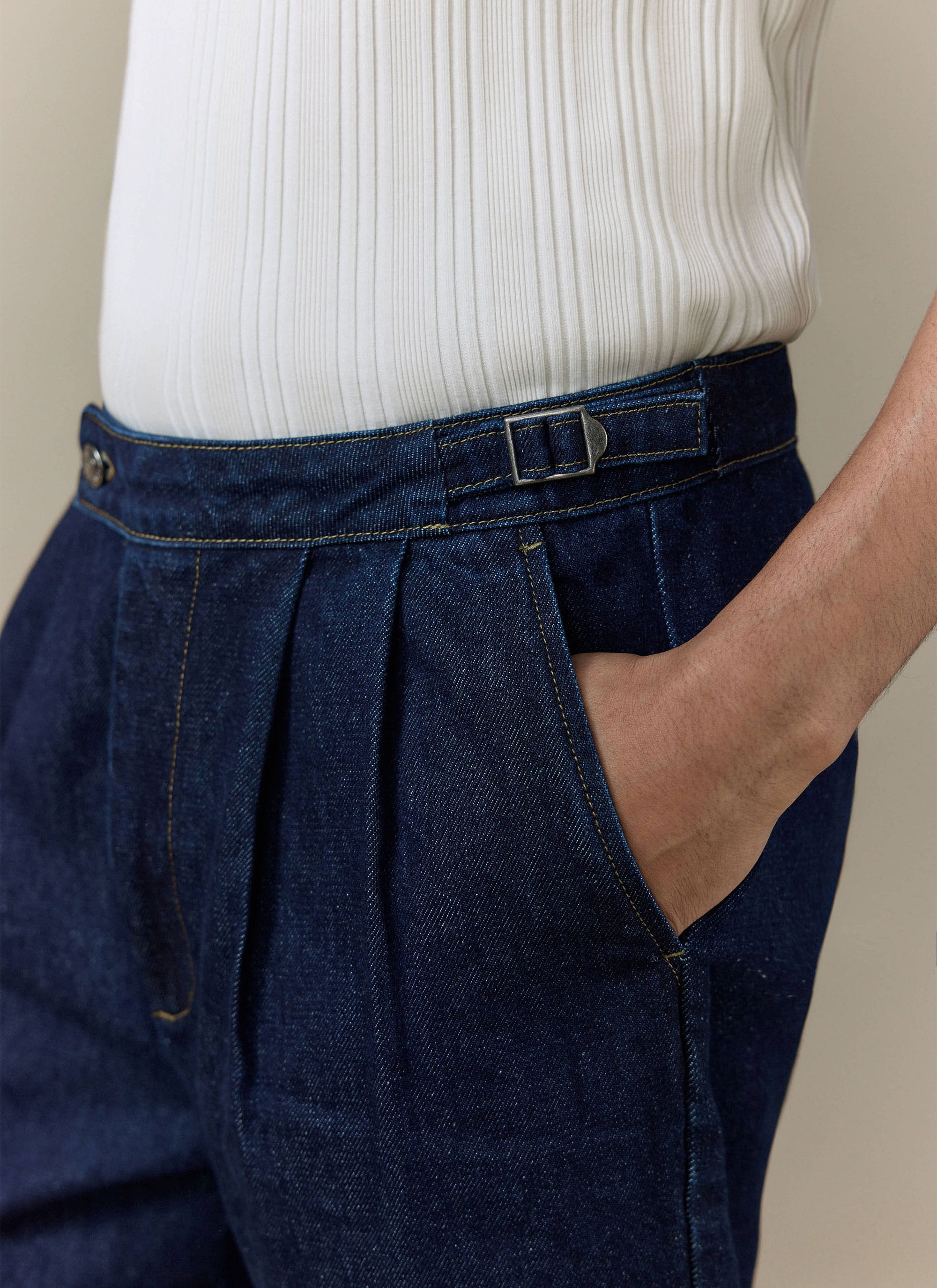 Dark indigo Percival Blake Double Pleated Denim Shorts with side adjusters, matching our Harley shirt for a dapper set.