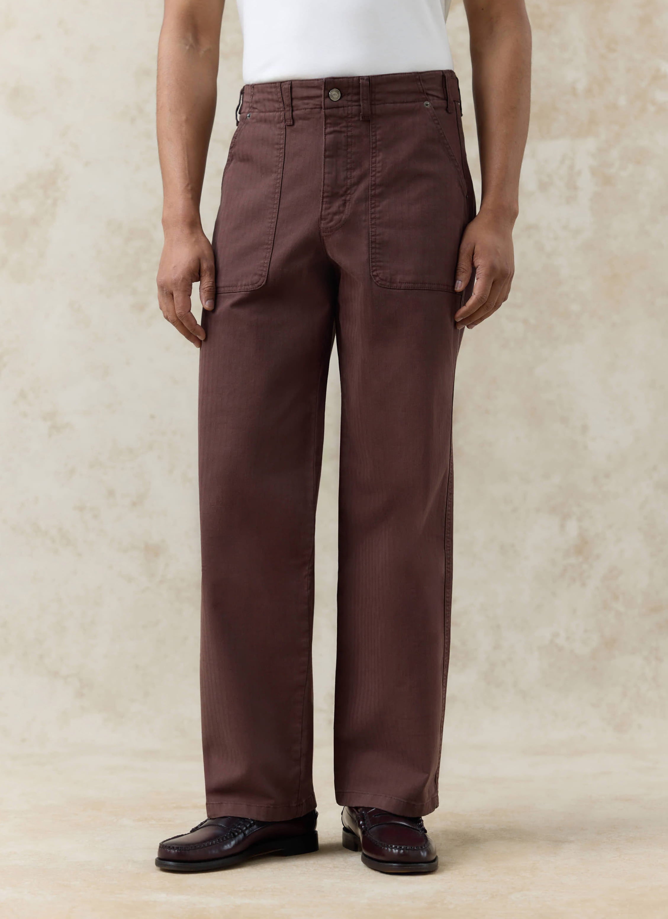 Percival espresso cotton Lungo Herringbone Straight Trousers, featuring front patch pockets and a carpenter silhouette.