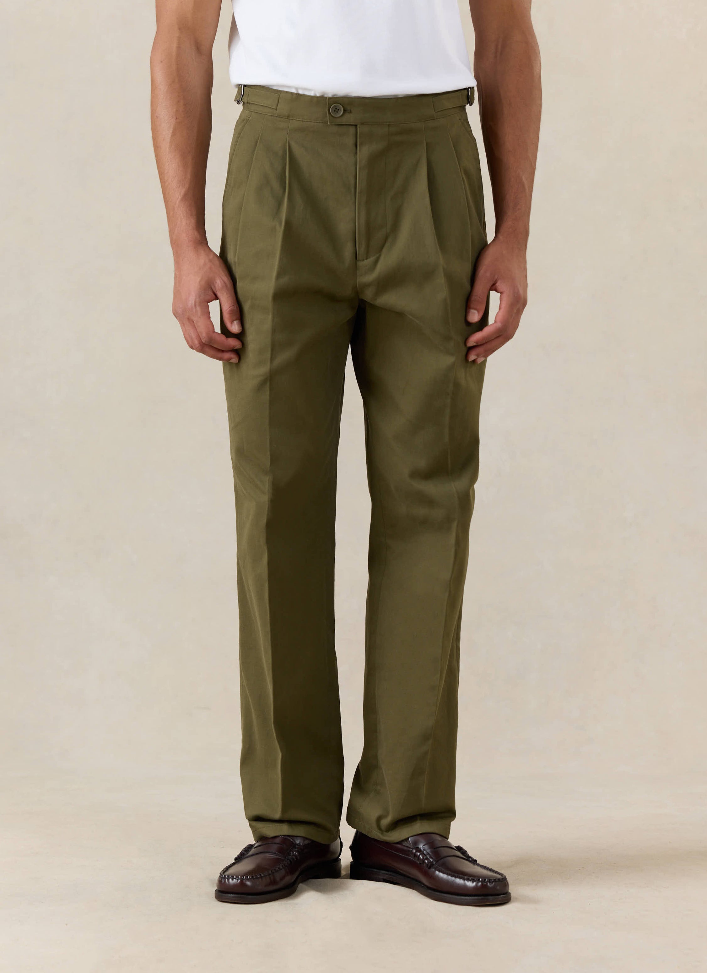 Percival Blake Double Pleated Tailored Trousers in Forest green brushed moleskin.