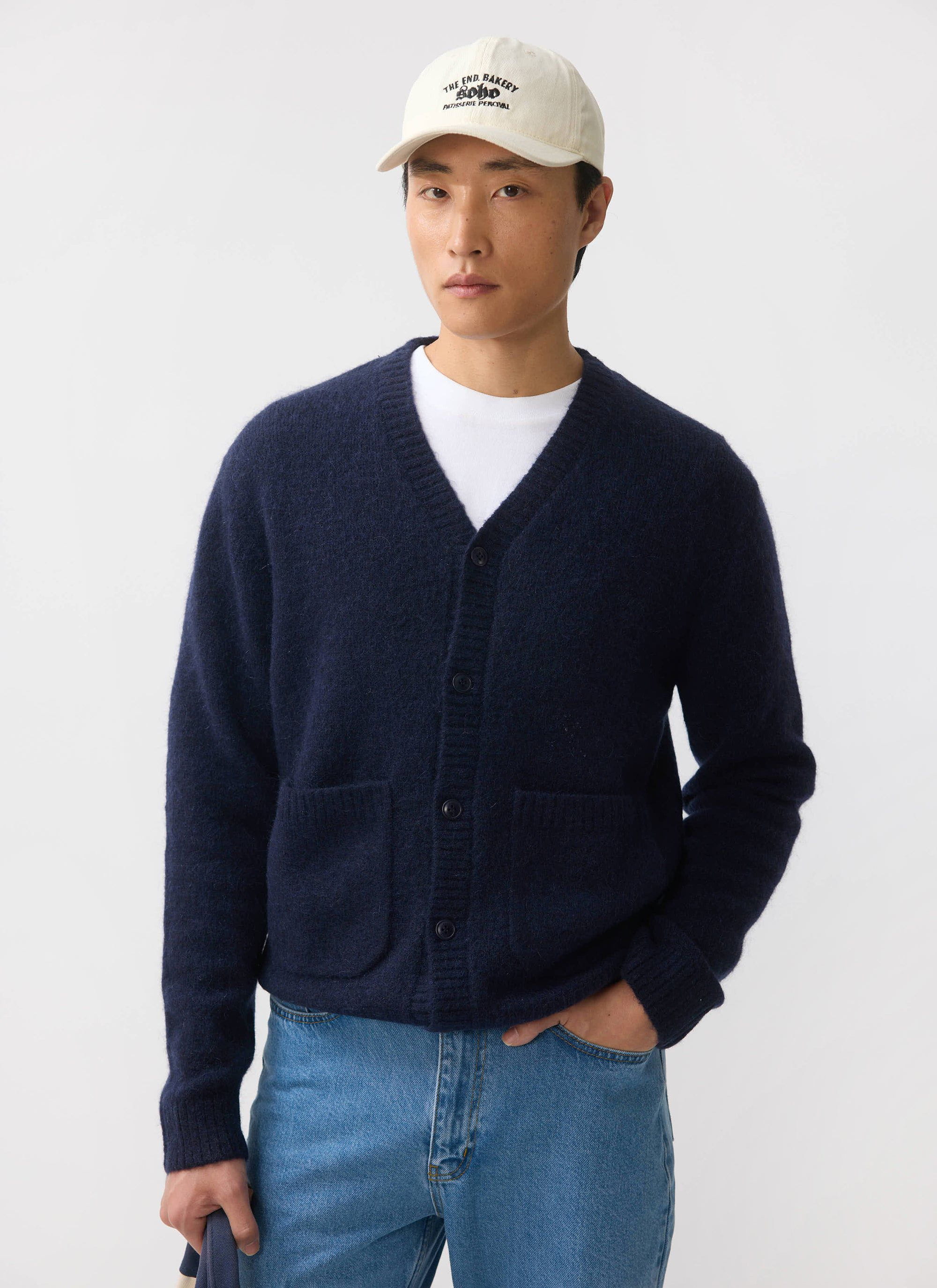 Men's Navy Mohair Cardigan | White Glove | Percival Menswear