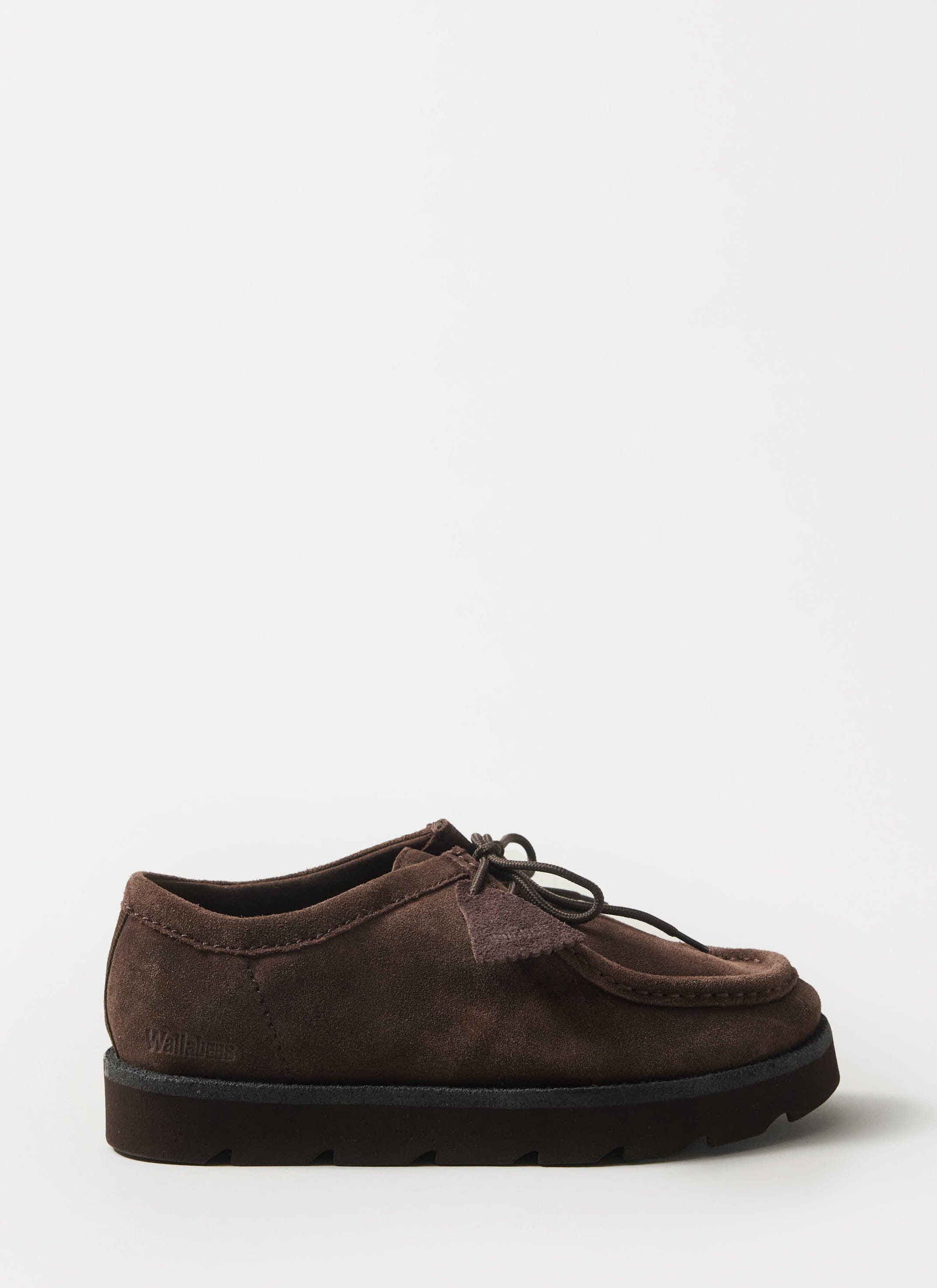 A side-on studio shot of the Clarks Originals Meare Walla shoe in dark brown suede, from the Percival collection.