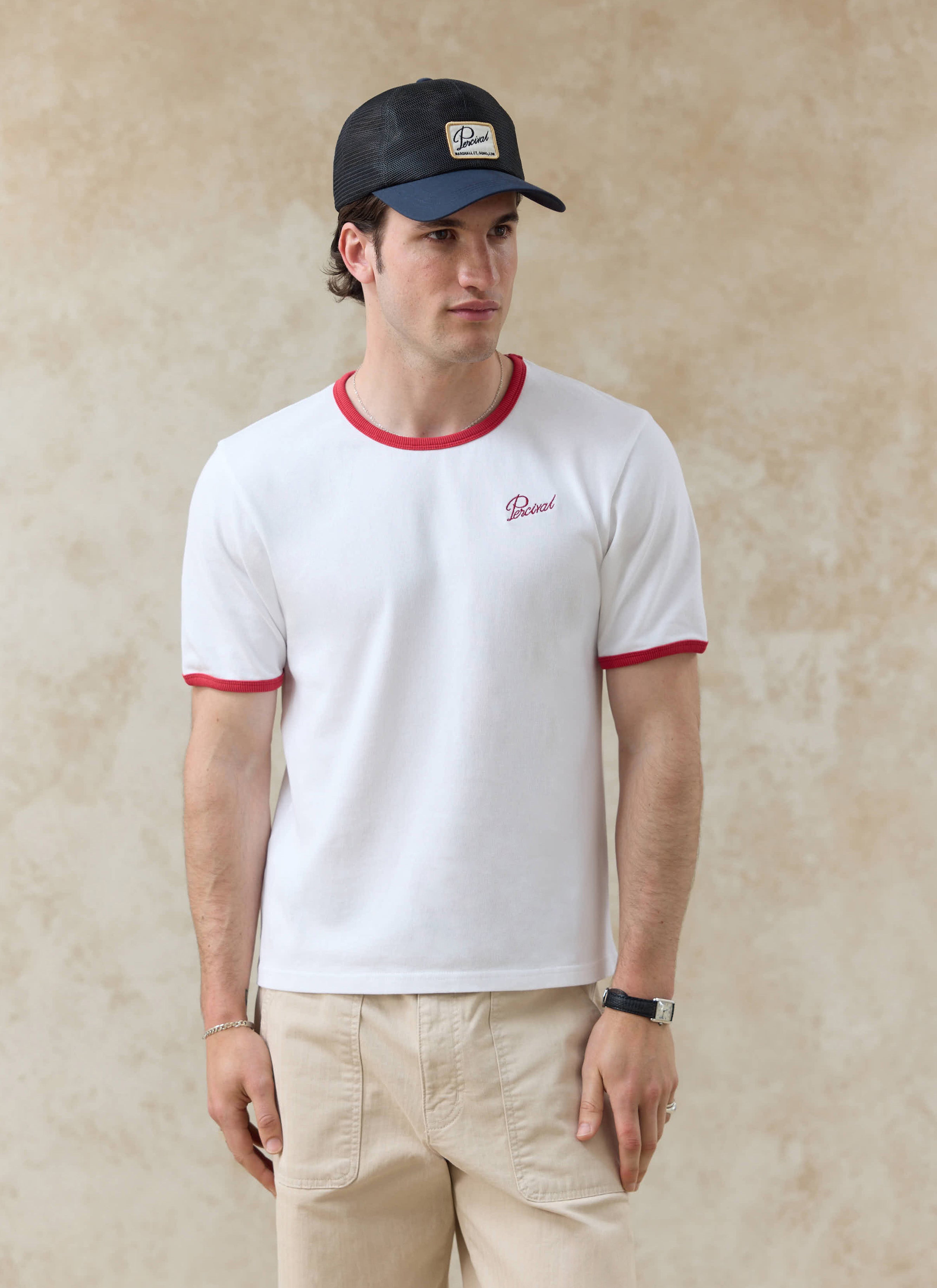 Slim fit white Percival organic cotton ringer t-shirt with red trim; want more? check out our SS26 collection.