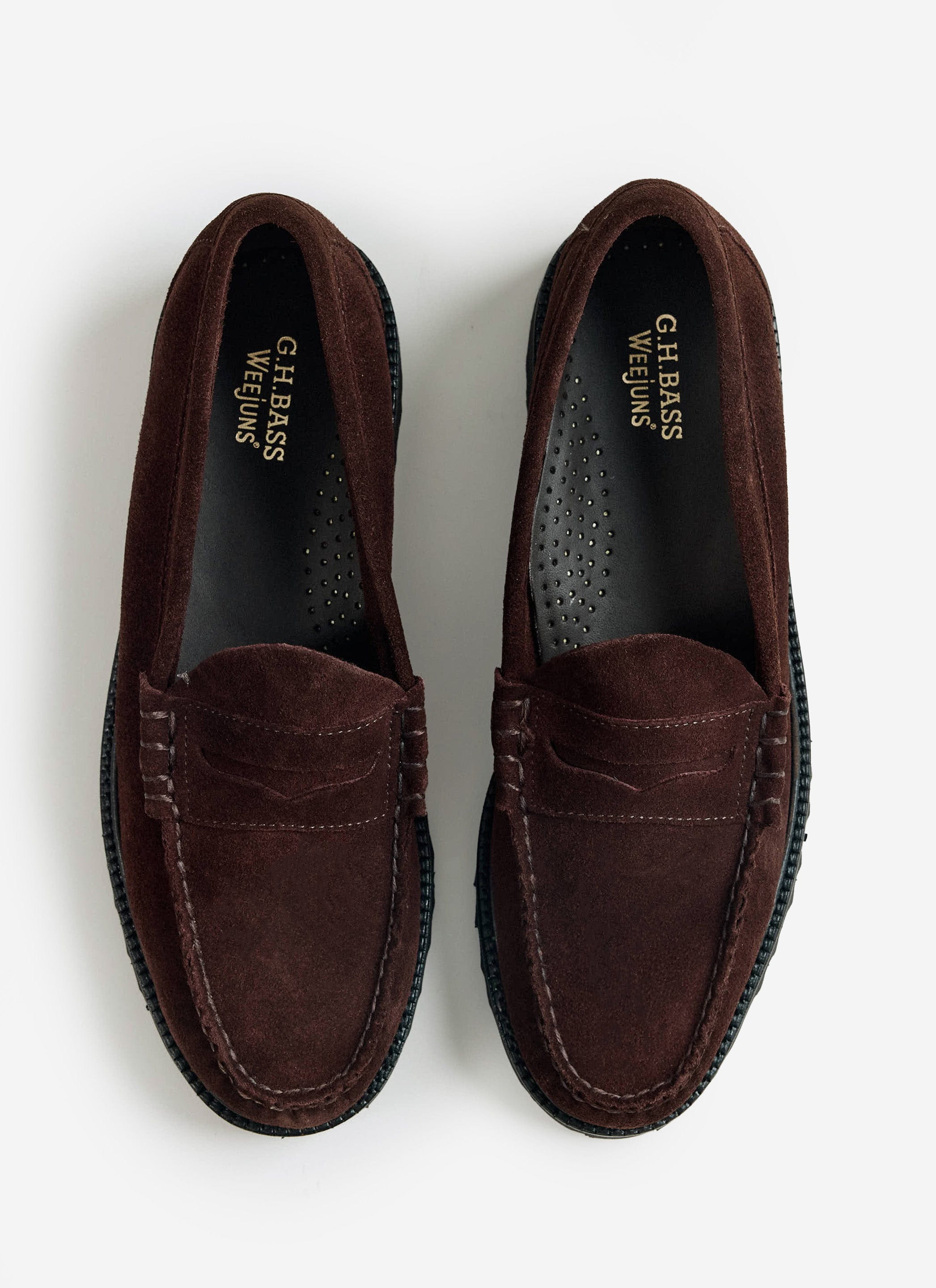 Top-down view of the G.H. Bass Weejun 90 Larson loafers in chocolate suede, available from Percival.