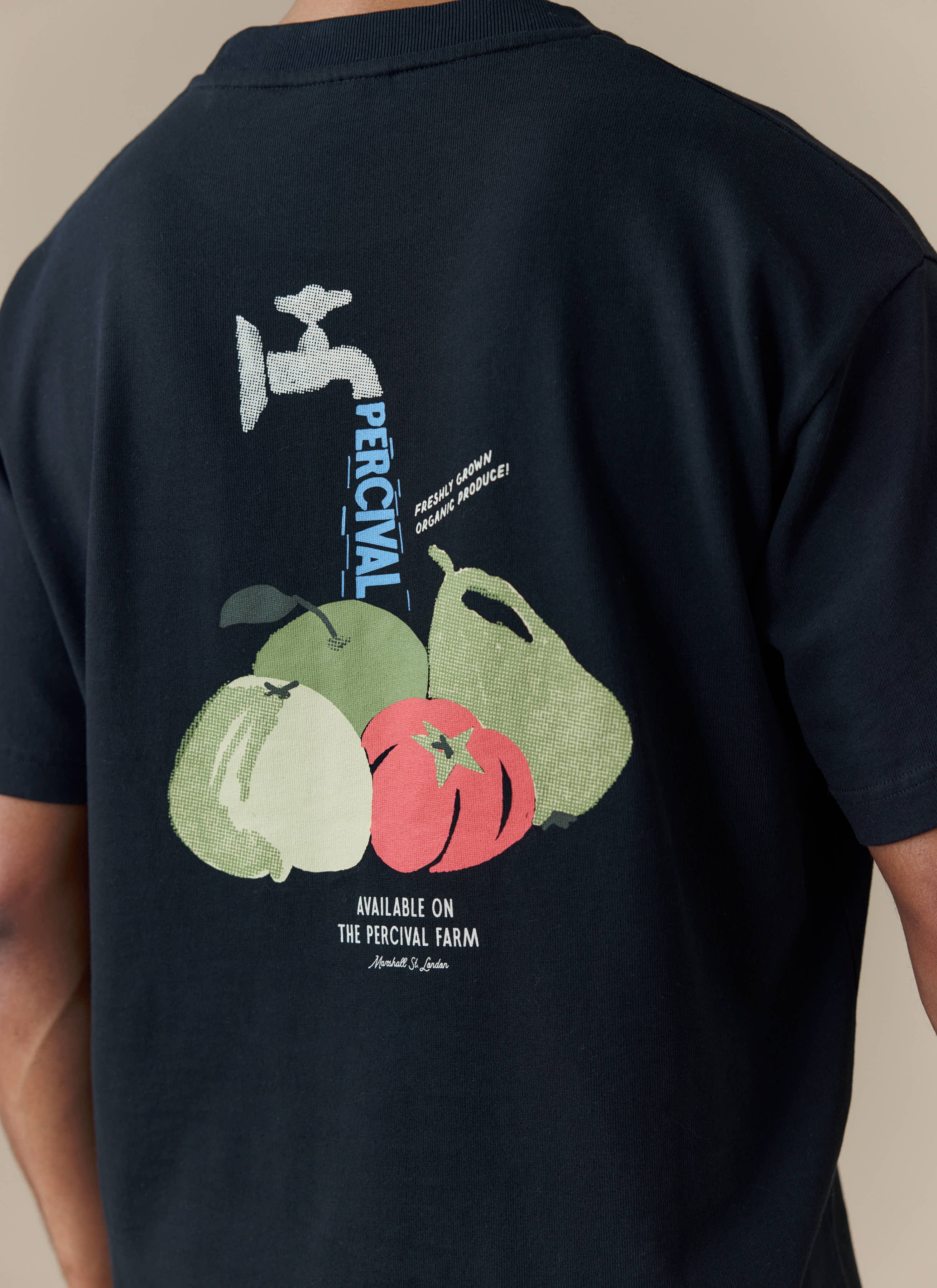 Close up of the back of the black Perci Fruit Farm oversized t-shirt from Percival, showing the graphic print.