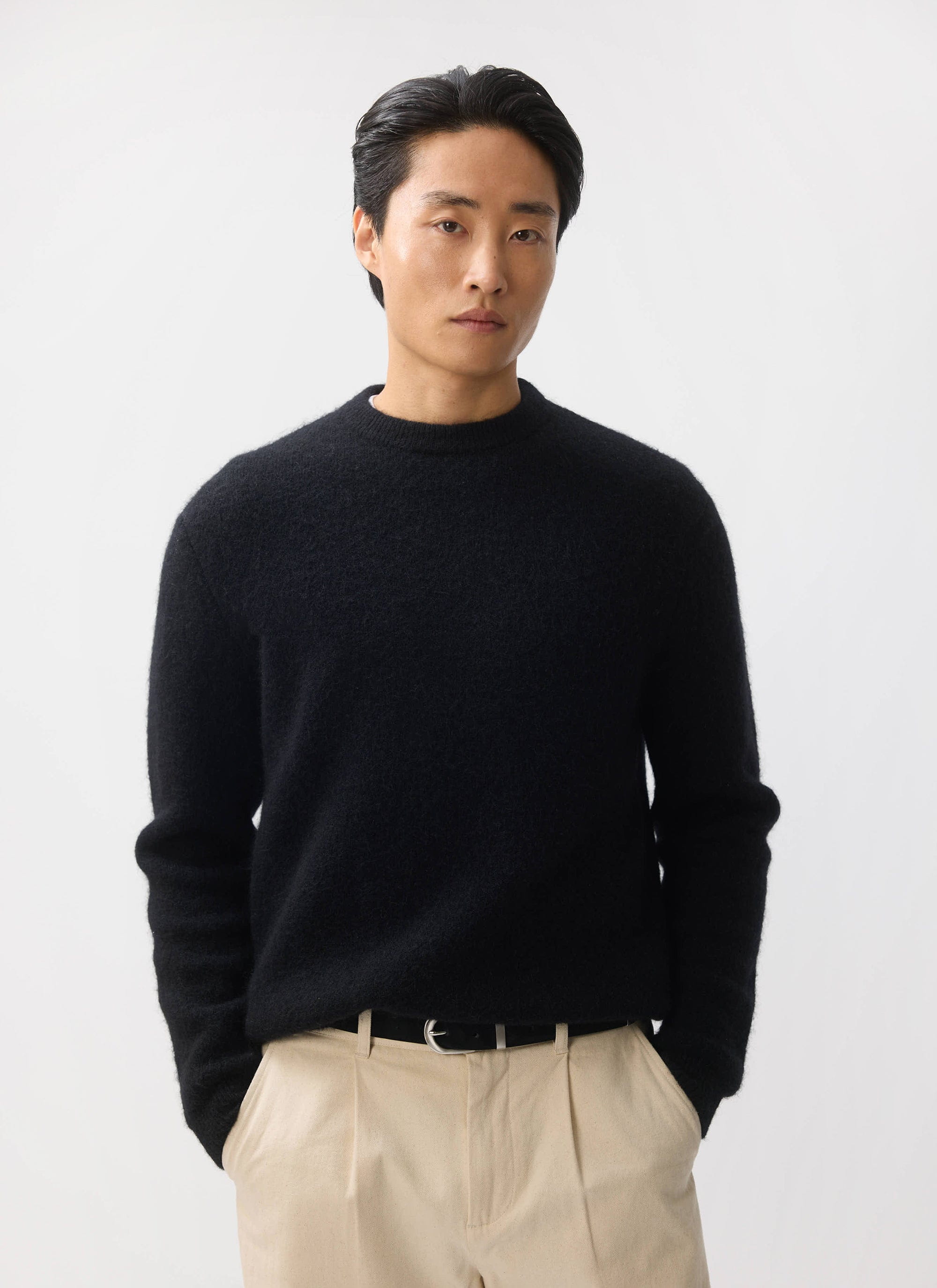 Men's Mohair Crew Neck Jumper | Black | Percival Menswear