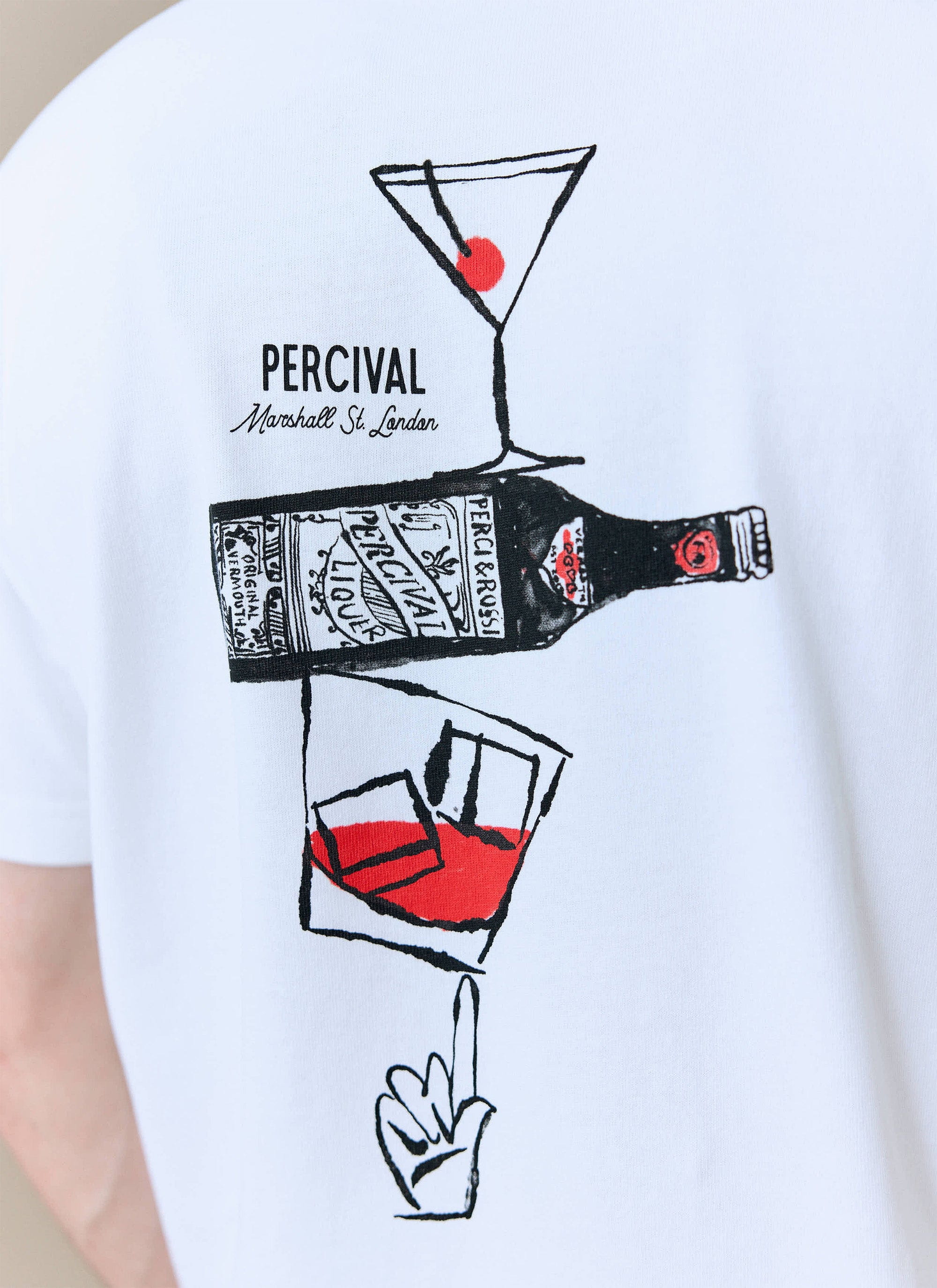 Close-up detail of the 'Perci & Rossi' Martini graphic on the back of the white oversized t-shirt from Percival.