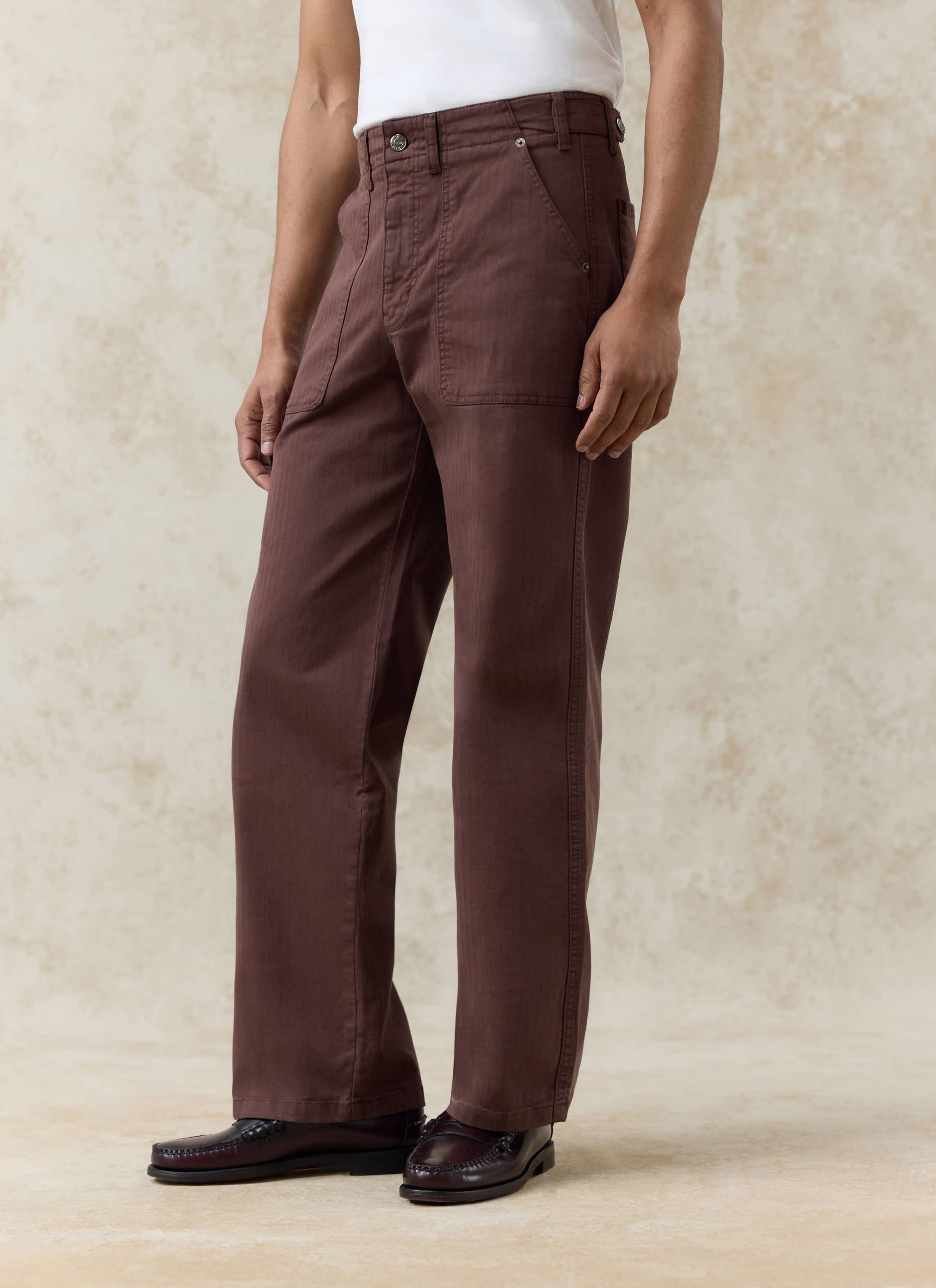Espresso brown Percival Lungo Herringbone Straight Trousers in cotton, featuring a straight leg and front patch pockets.