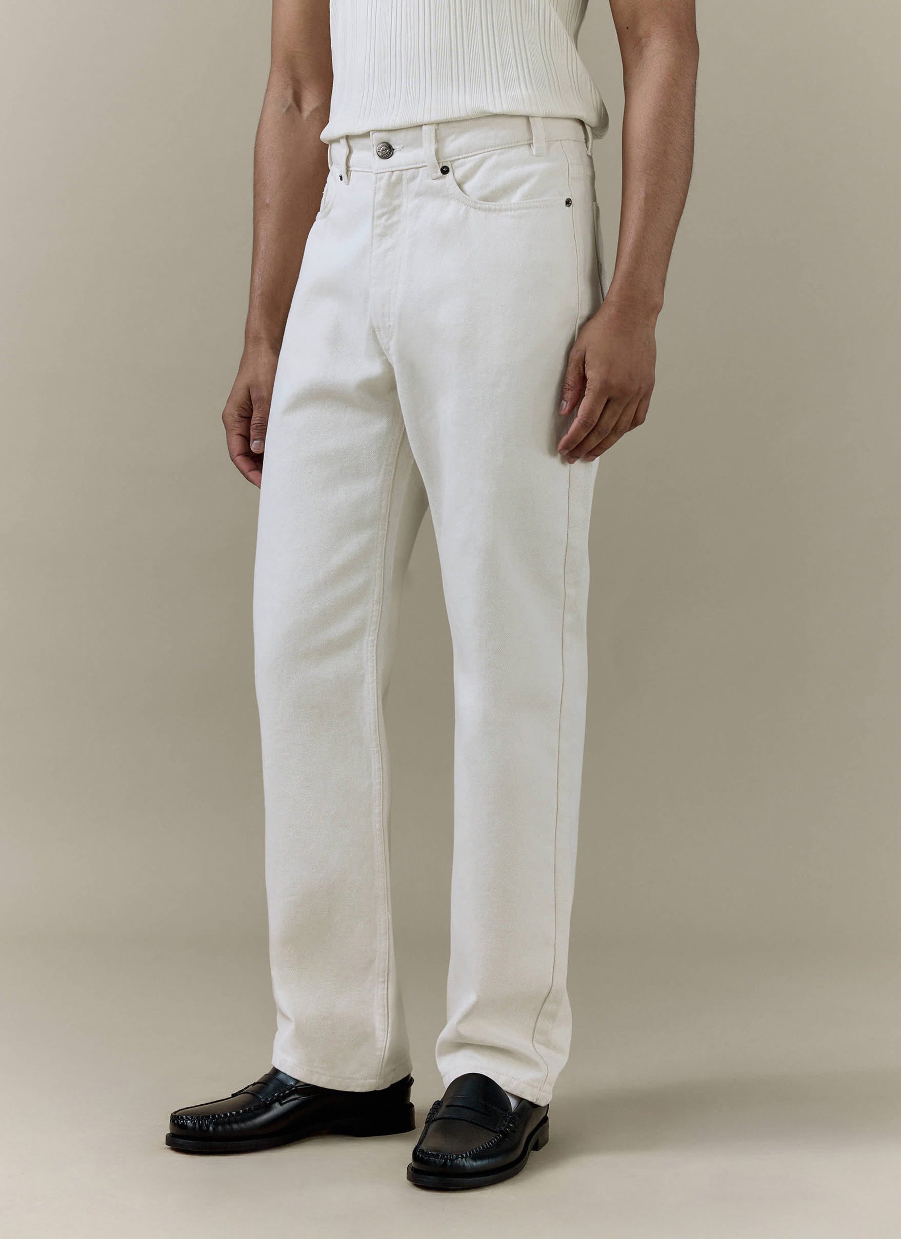 Percival Straight Leg Denim Jeans in cream cotton, showing the clean straight-leg fit and gunmetal button detail.