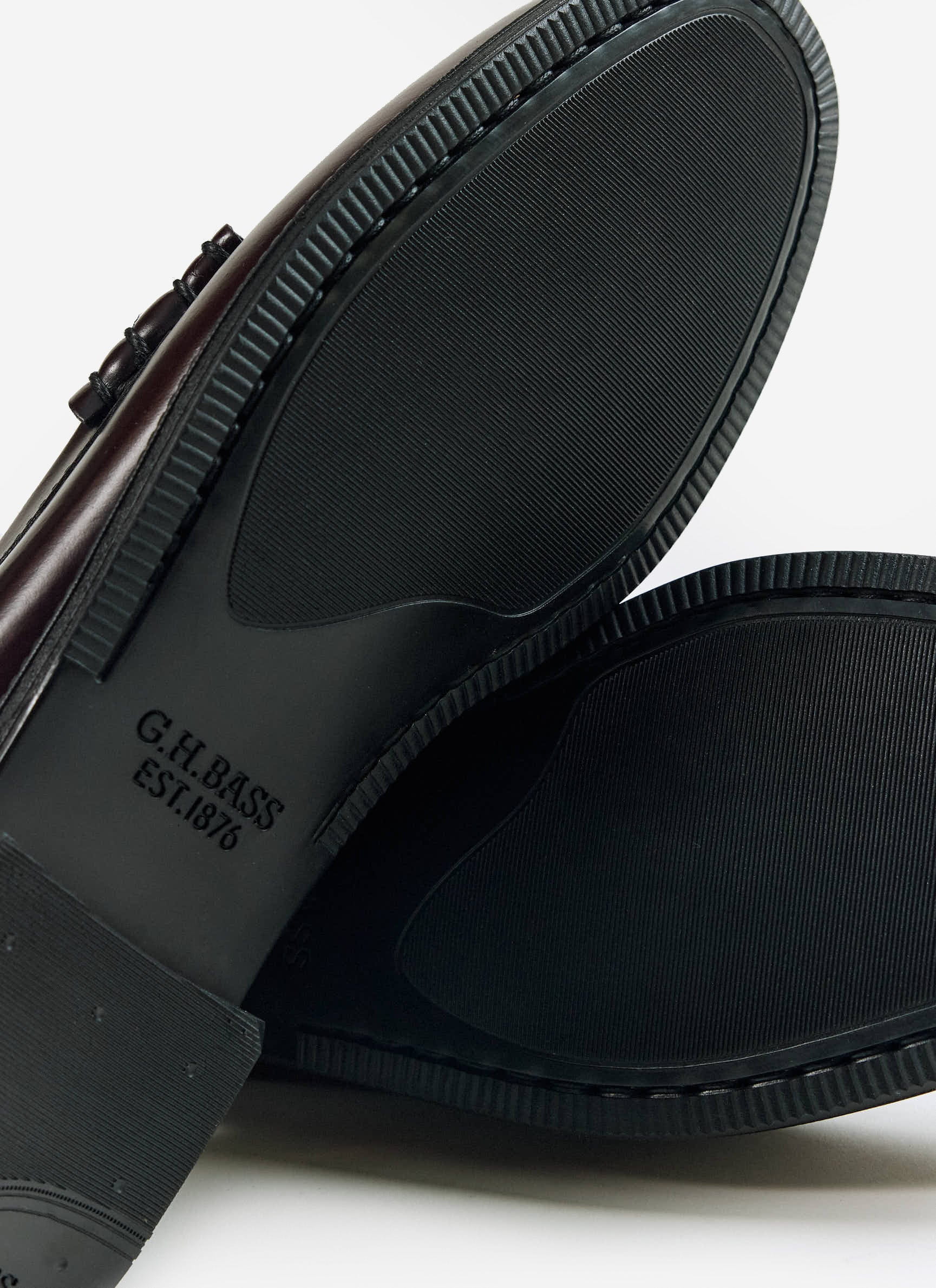 Close-up of the rubber sole and G.H. Bass logo on the Weejun II Larson Moc Penny in wine leather from Percival.
