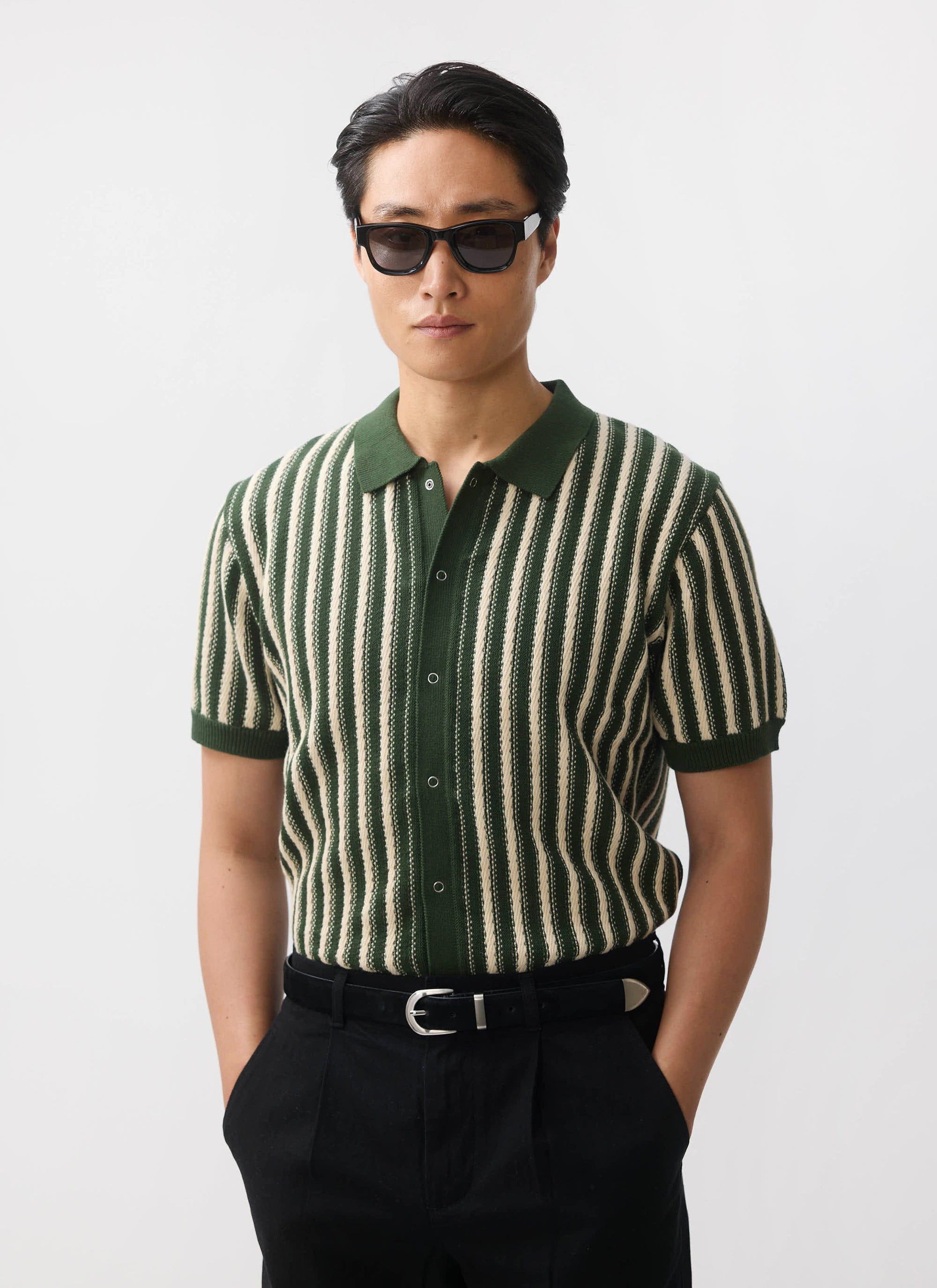 A close-up detail shot of the Percival Collins Micro Cable Knitted Shirt in green, showing the intricate fabric texture.