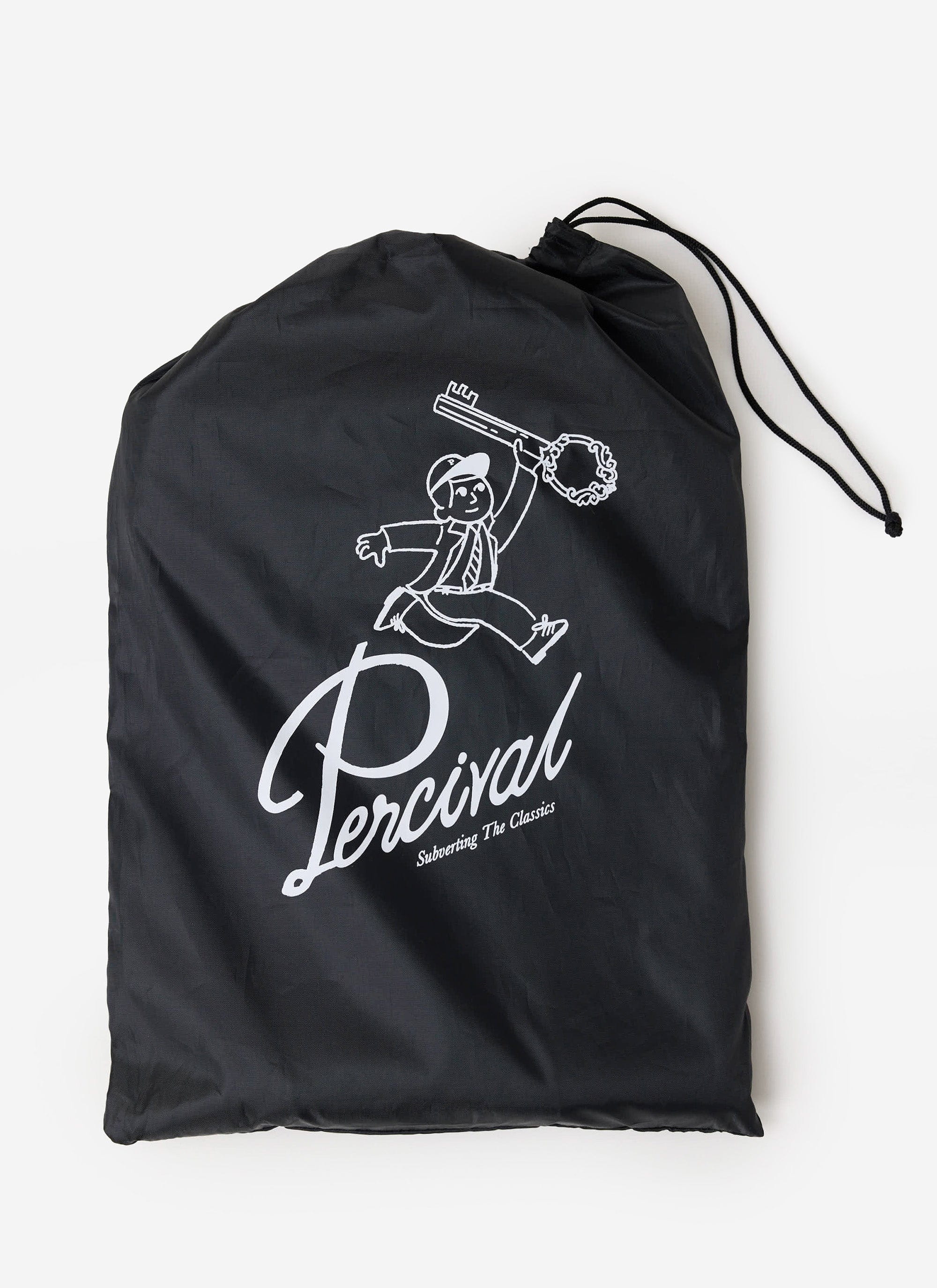 The black drawstring bag from Percival, featuring the brand's iconic logo and illustration, laid flat on a white surface.