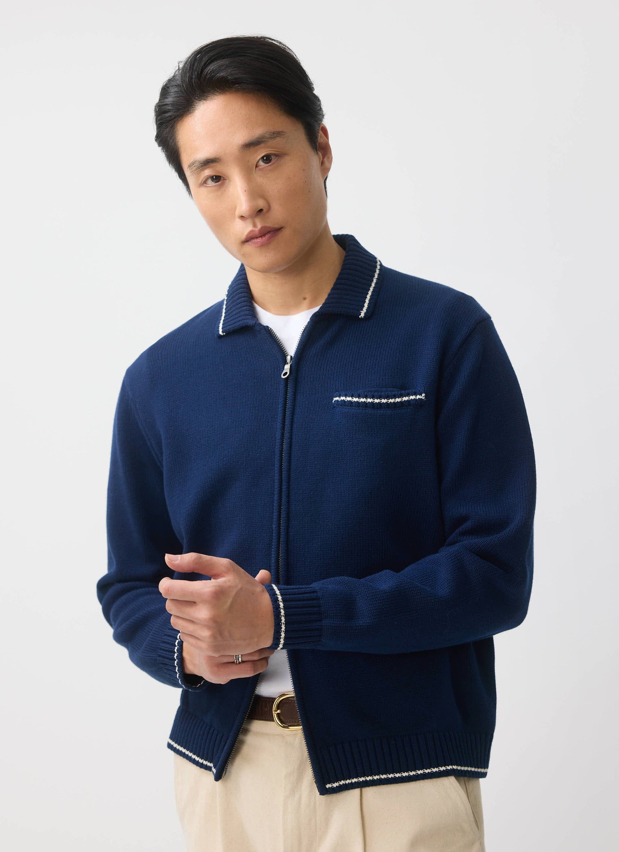 Men's Knitted Zip Up Cardigan | Cotton | Navy Blue | Percival Menswear