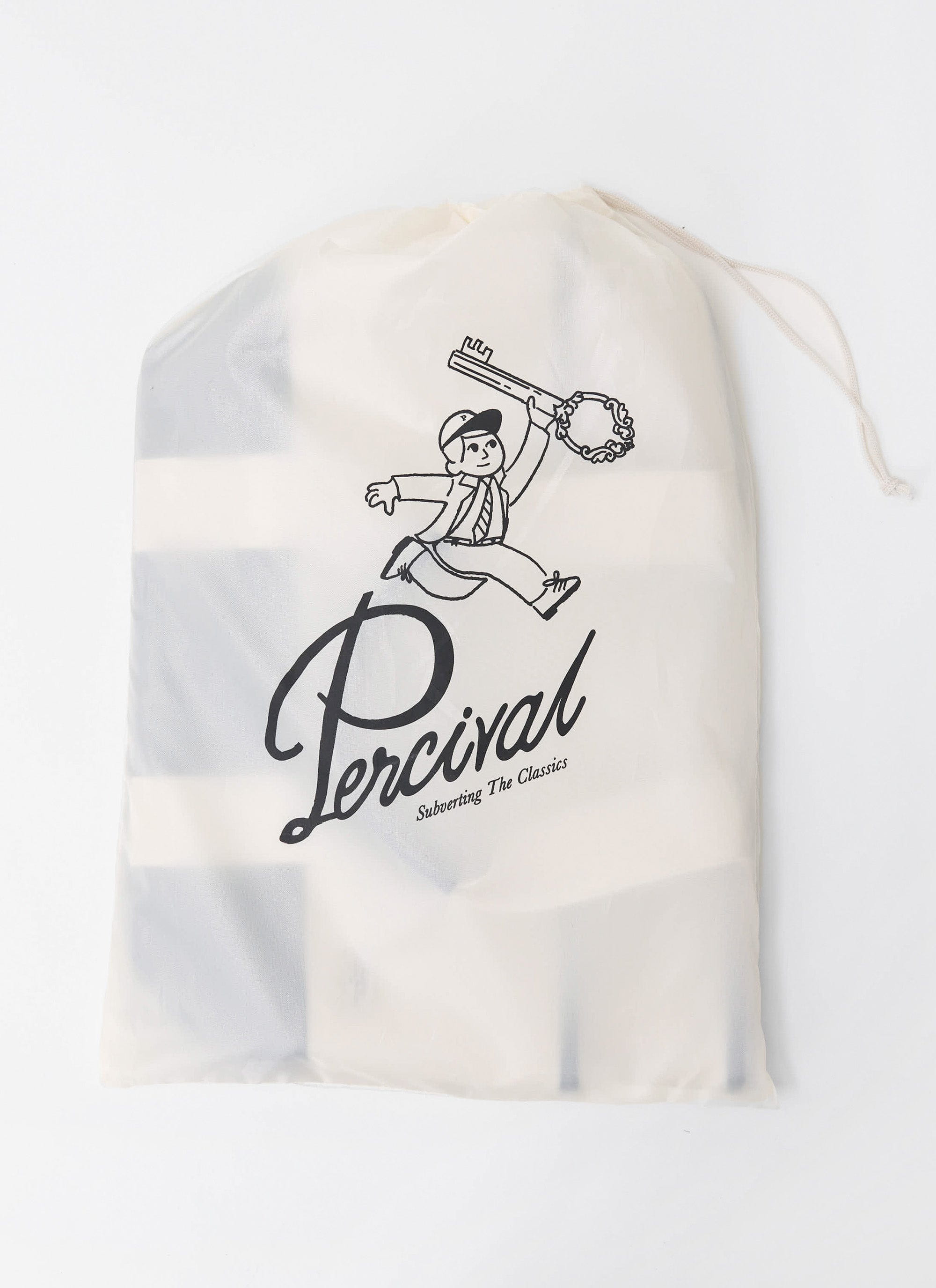 The ecru drawstring dust bag from Percival, featuring the 'Subverting The Classics' logo and character illustration.