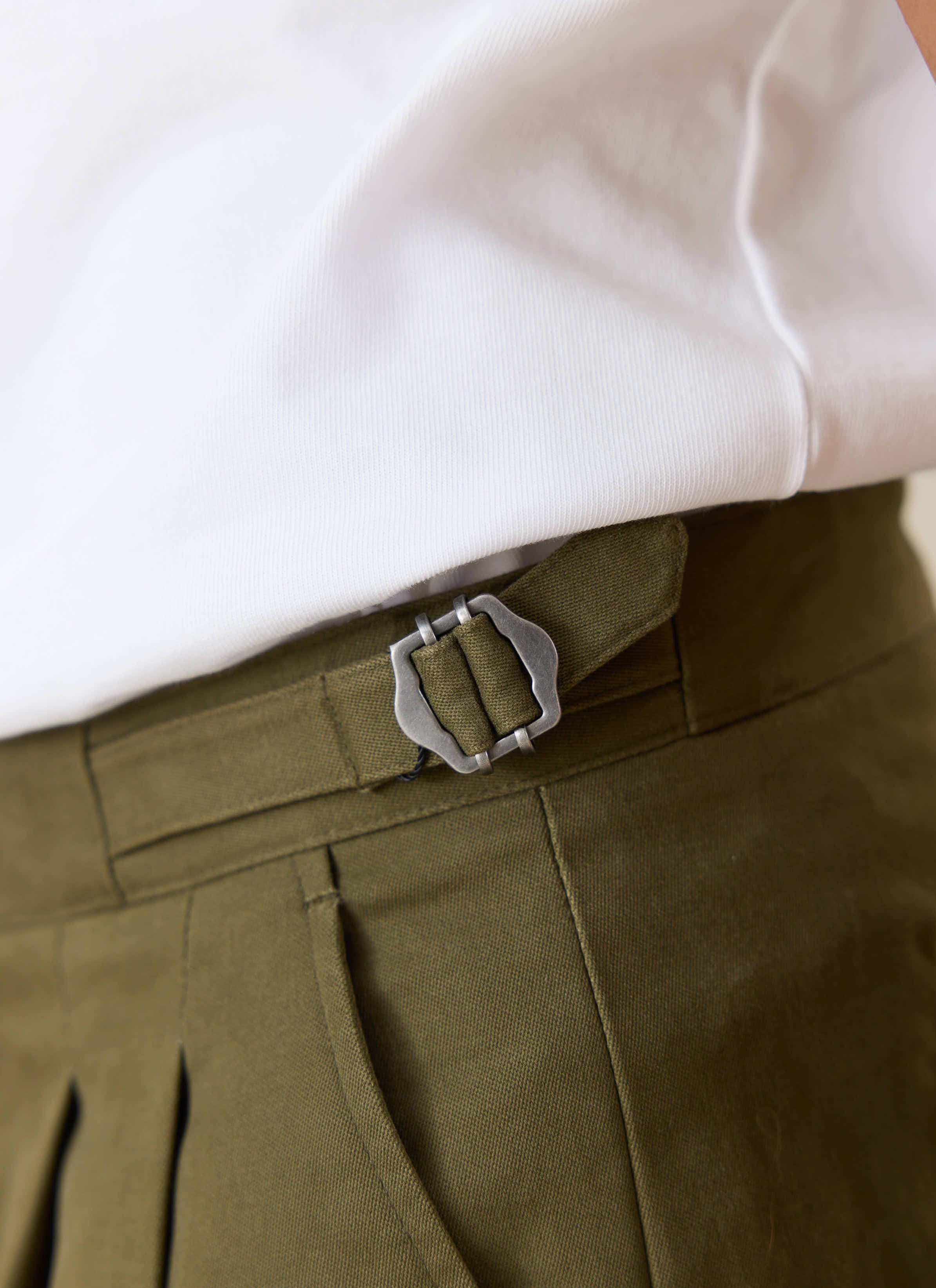 Percival Blake Double Pleated Tailored Trousers in Forest, featuring the side adjuster and pleat detailing.