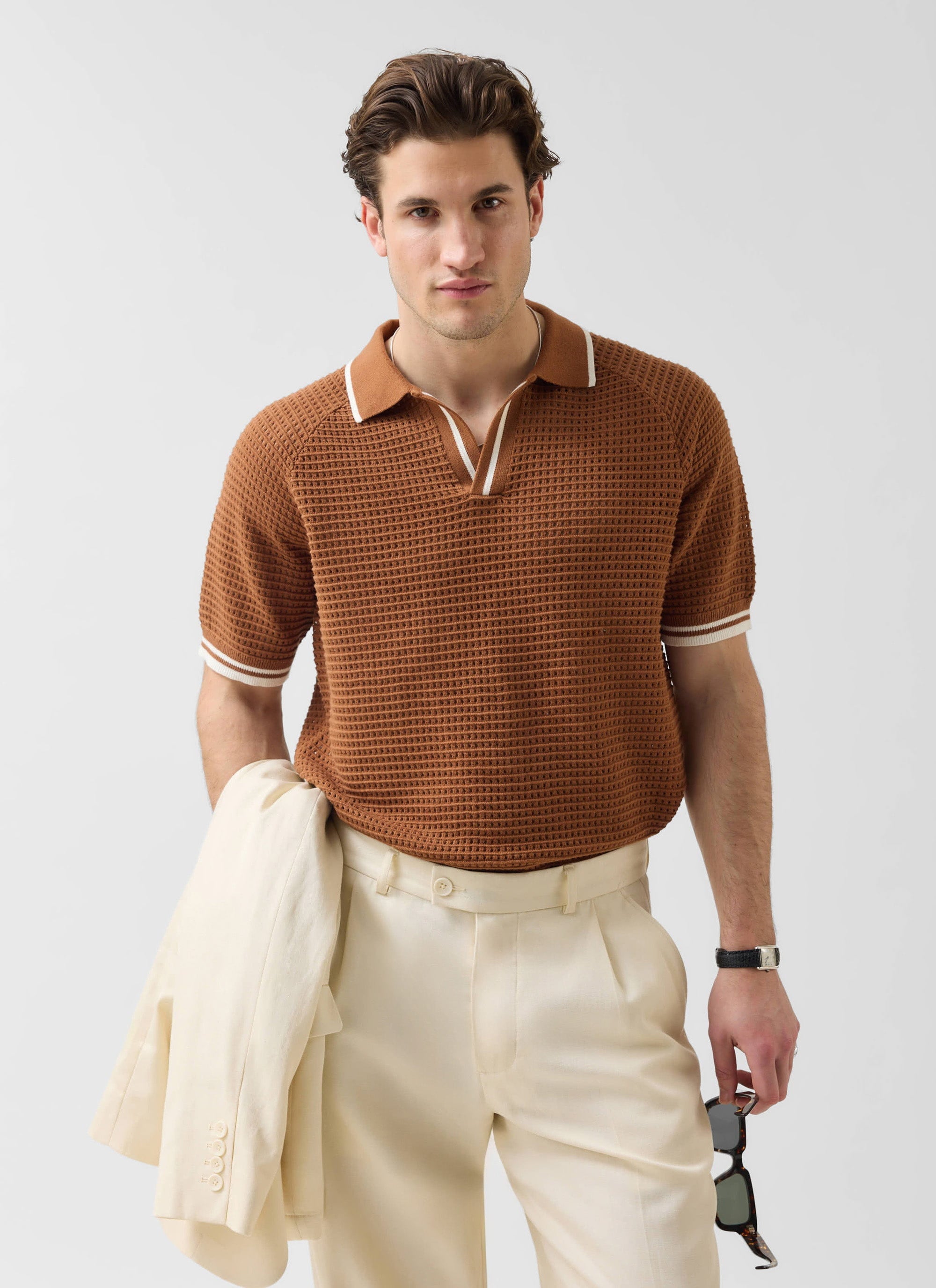Men's Tennis Knit Polo Shirt | Cotton | Brown | Percival Menswear