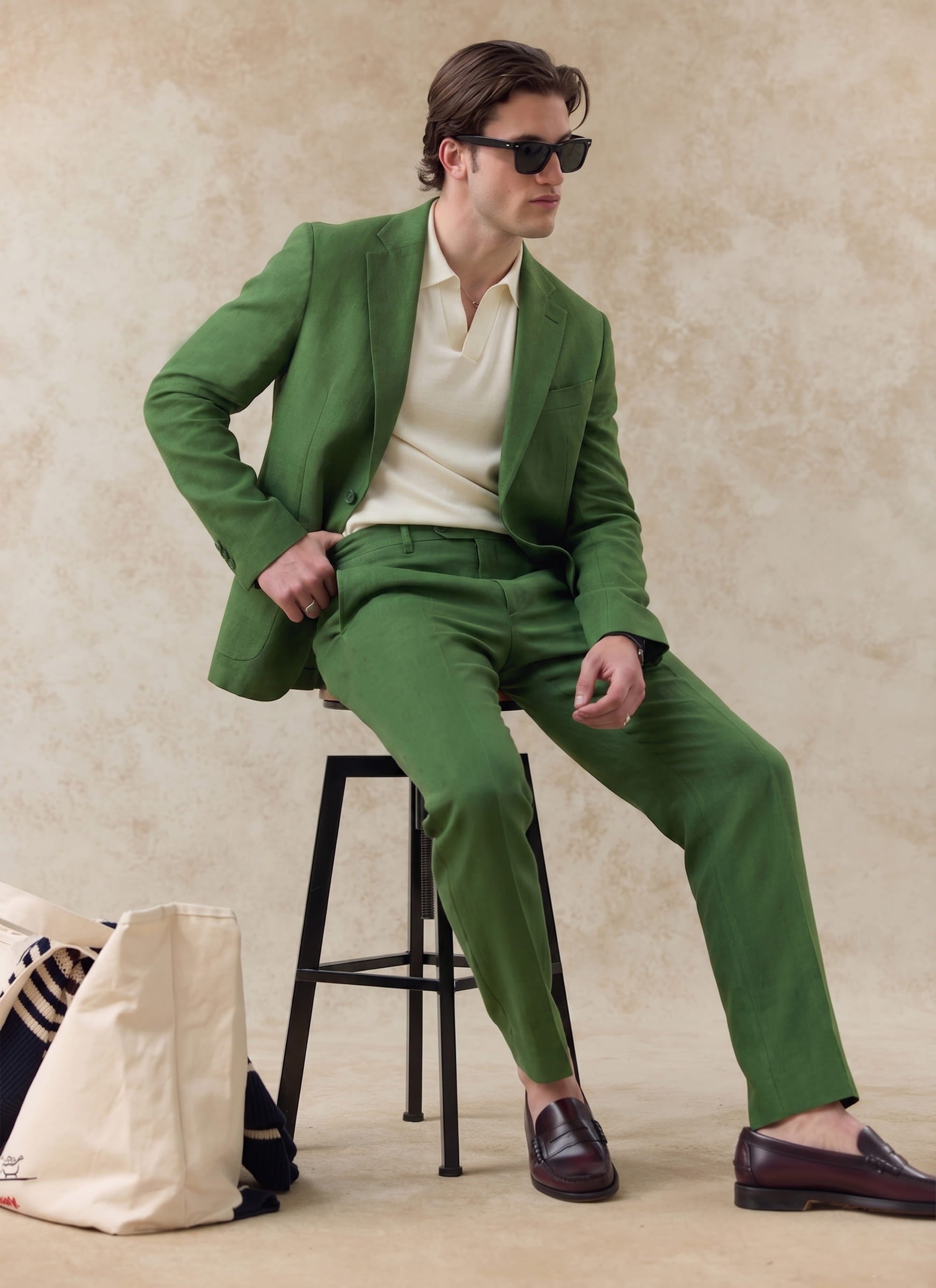 Forest green Percival tailored linen blazer and matching trousers, worn by a model sitting on a stool.
