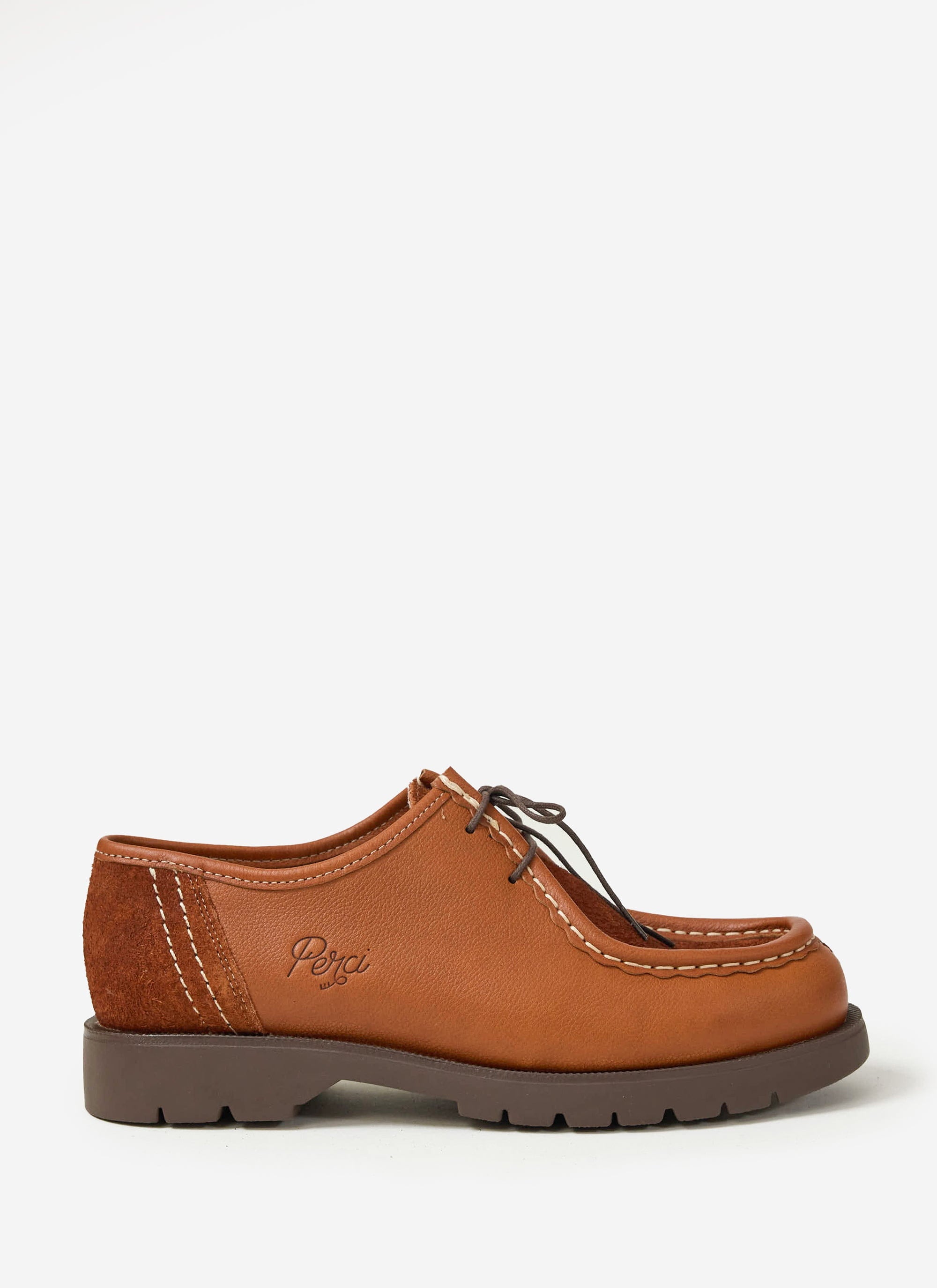 A side profile of the Percival x Kleman Padror Patchwork Shoe in cognac, showing the leather and suede details.