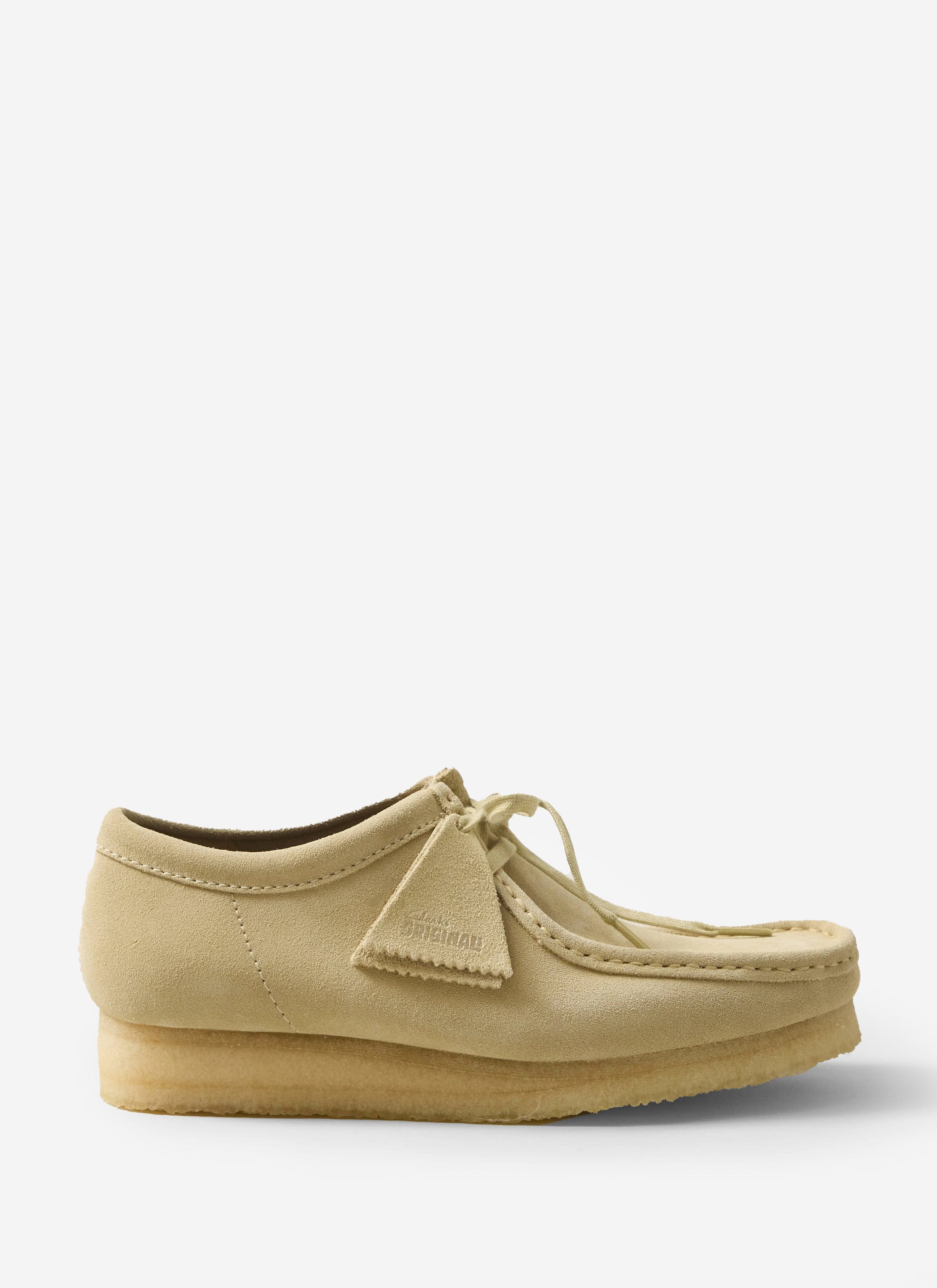Side profile of the Percival x Clarks Originals Wallabee in maple suede.