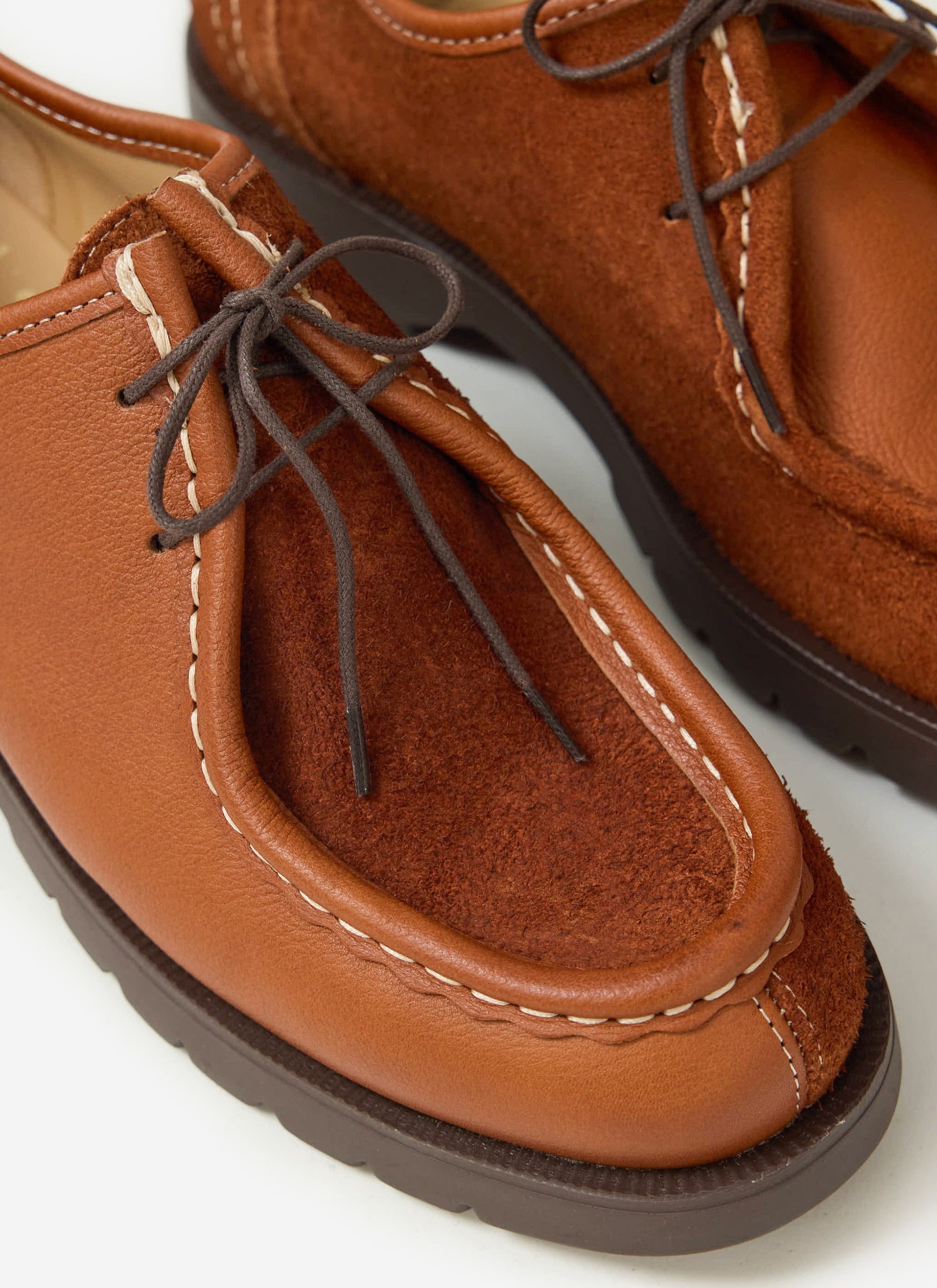 A close-up of the Percival x Kleman Padror Patchwork Shoe in cognac, with leather and suede upper and contrast stitching.