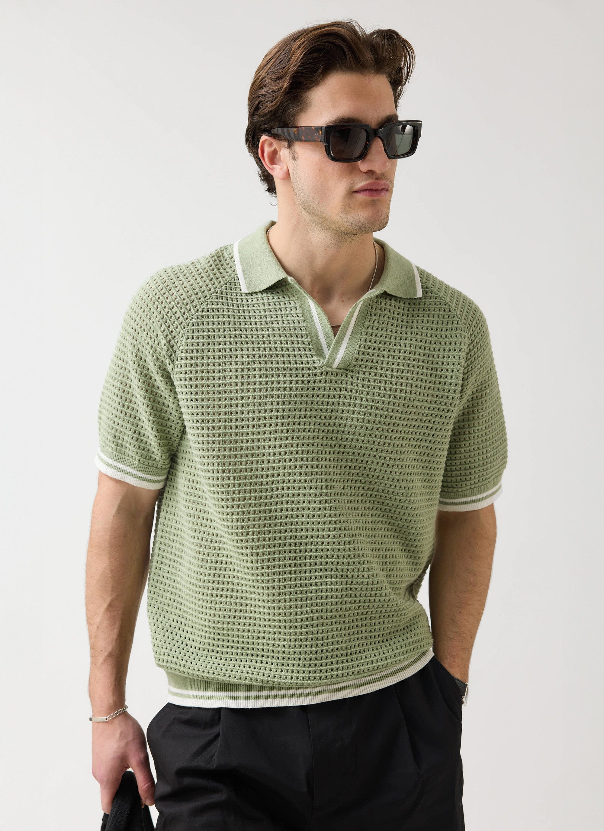 Men's Tennis Knit Polo Shirt | Cotton | Sage Green | Percival Menswear