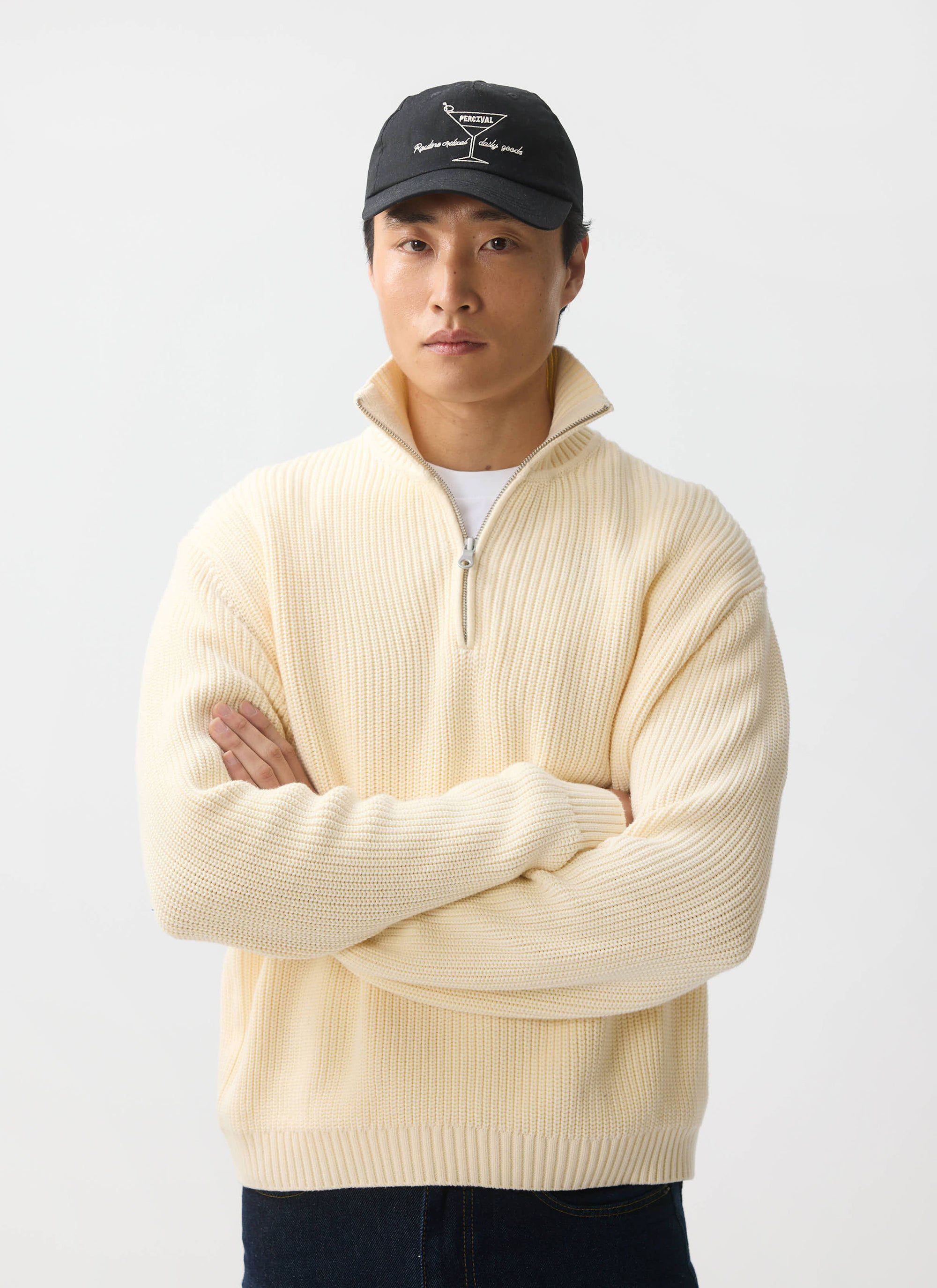 Men's Quarter Zip Knit Jumper | Cotton | Cream | Percival Menswear