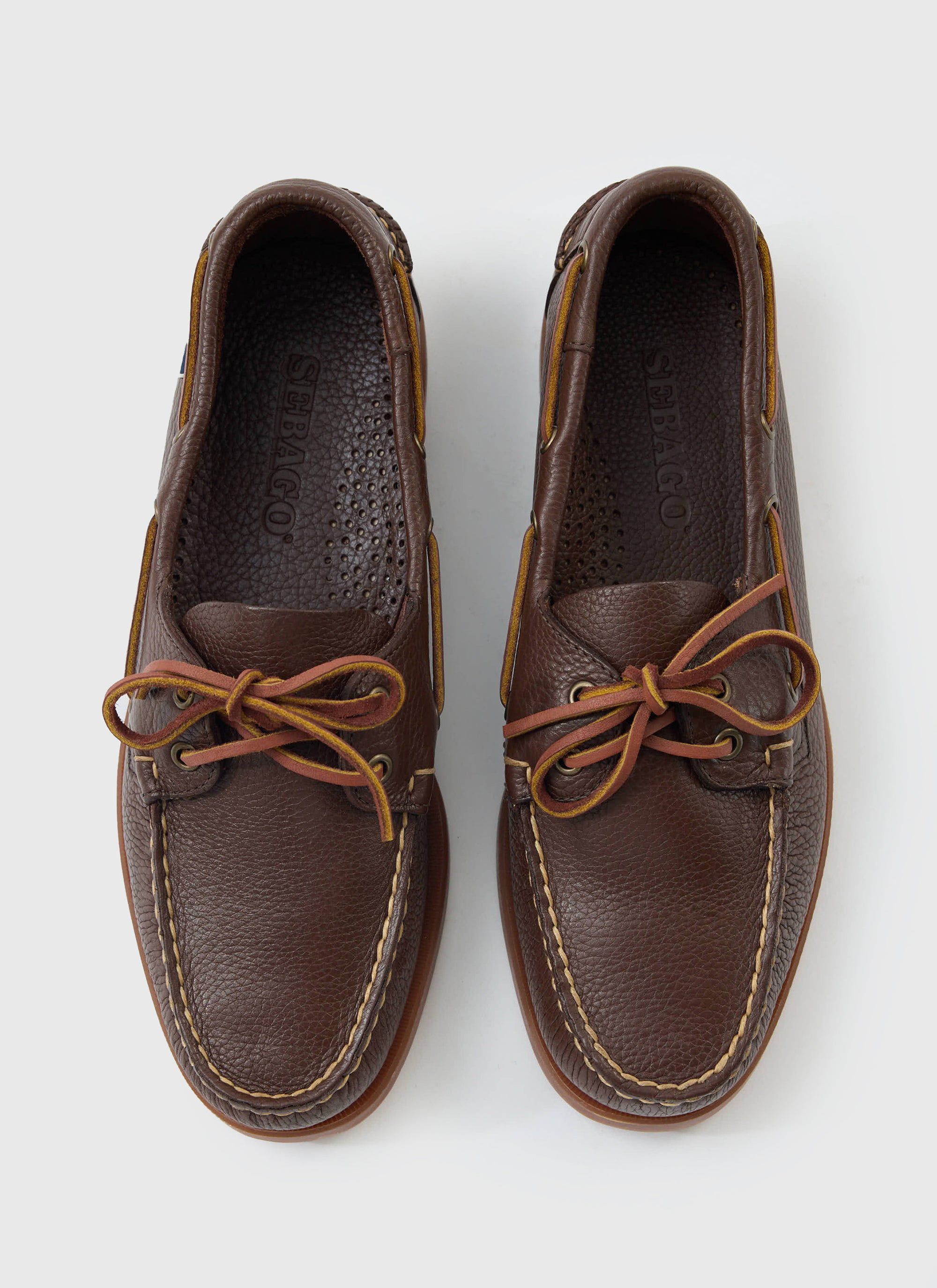 An overhead shot of the brown leather Sebago Portland Martellato boat shoes, part of the Percival footwear collection.