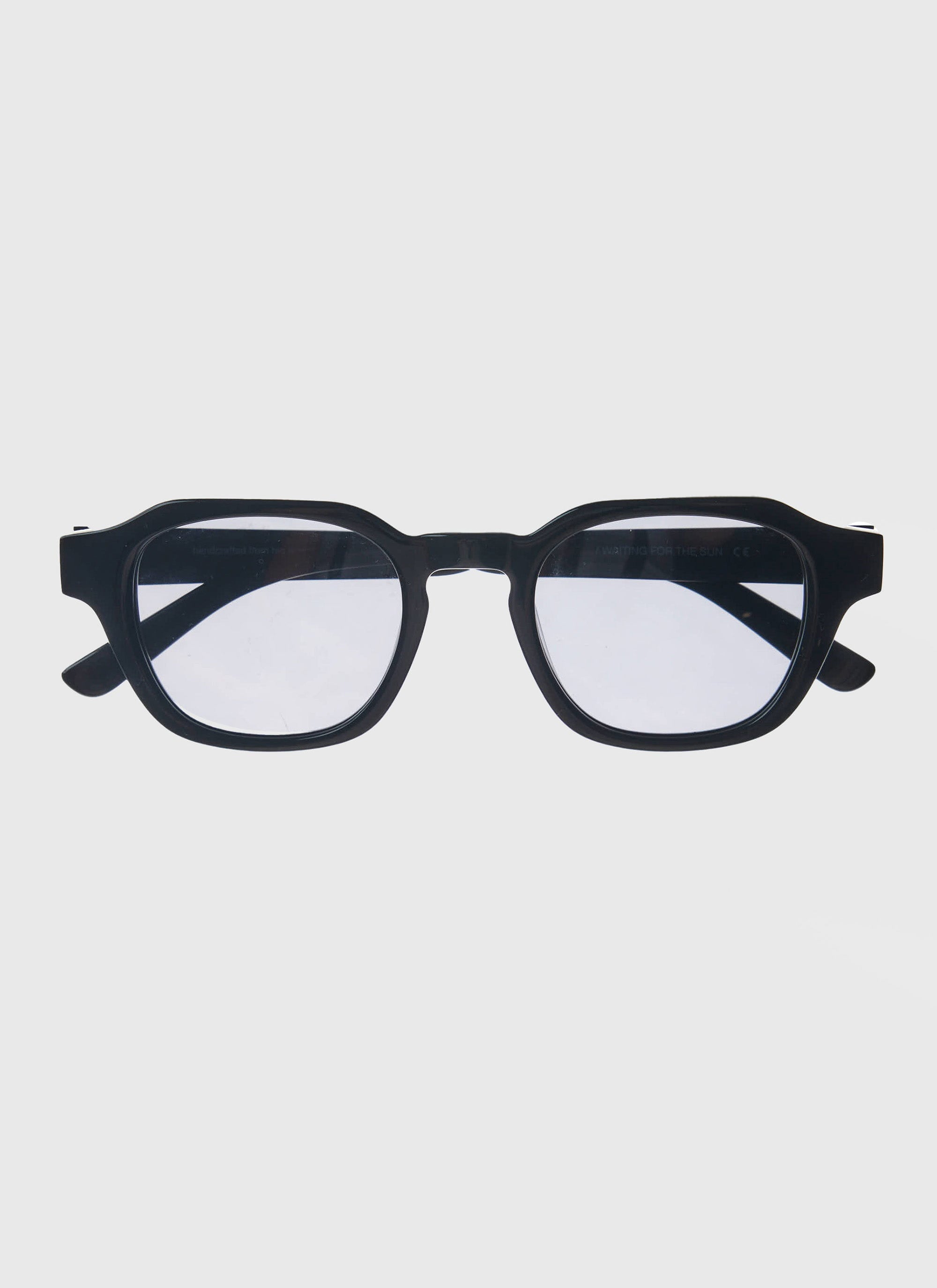 A front-on product shot of the Percival P001-E2 Black Sunglasses, handcrafted in bioacetate with polarized lenses.