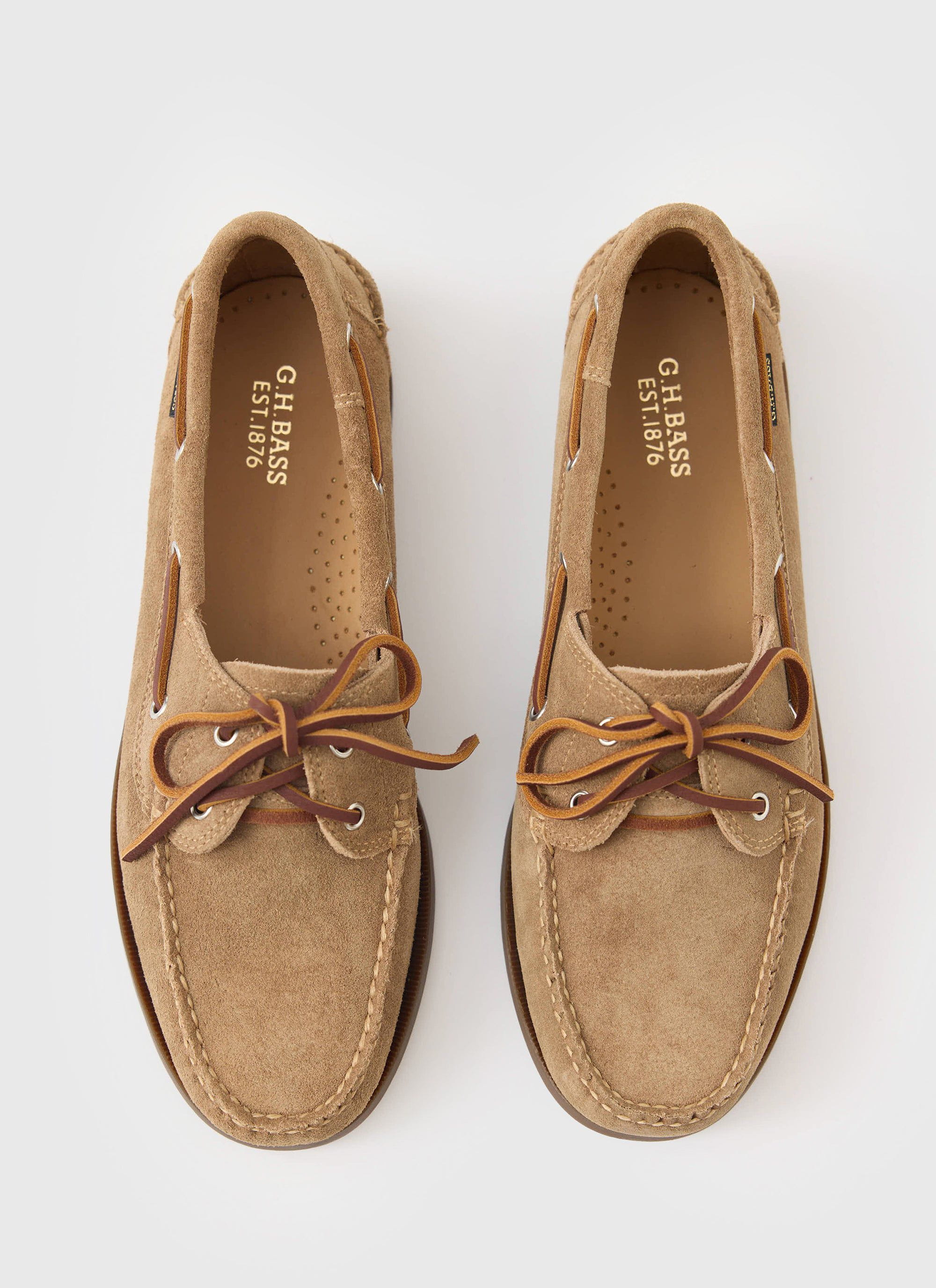 The Percival G.H. Bass Jetty II Boater shoes in earth suede, shown from above against a clean white background.