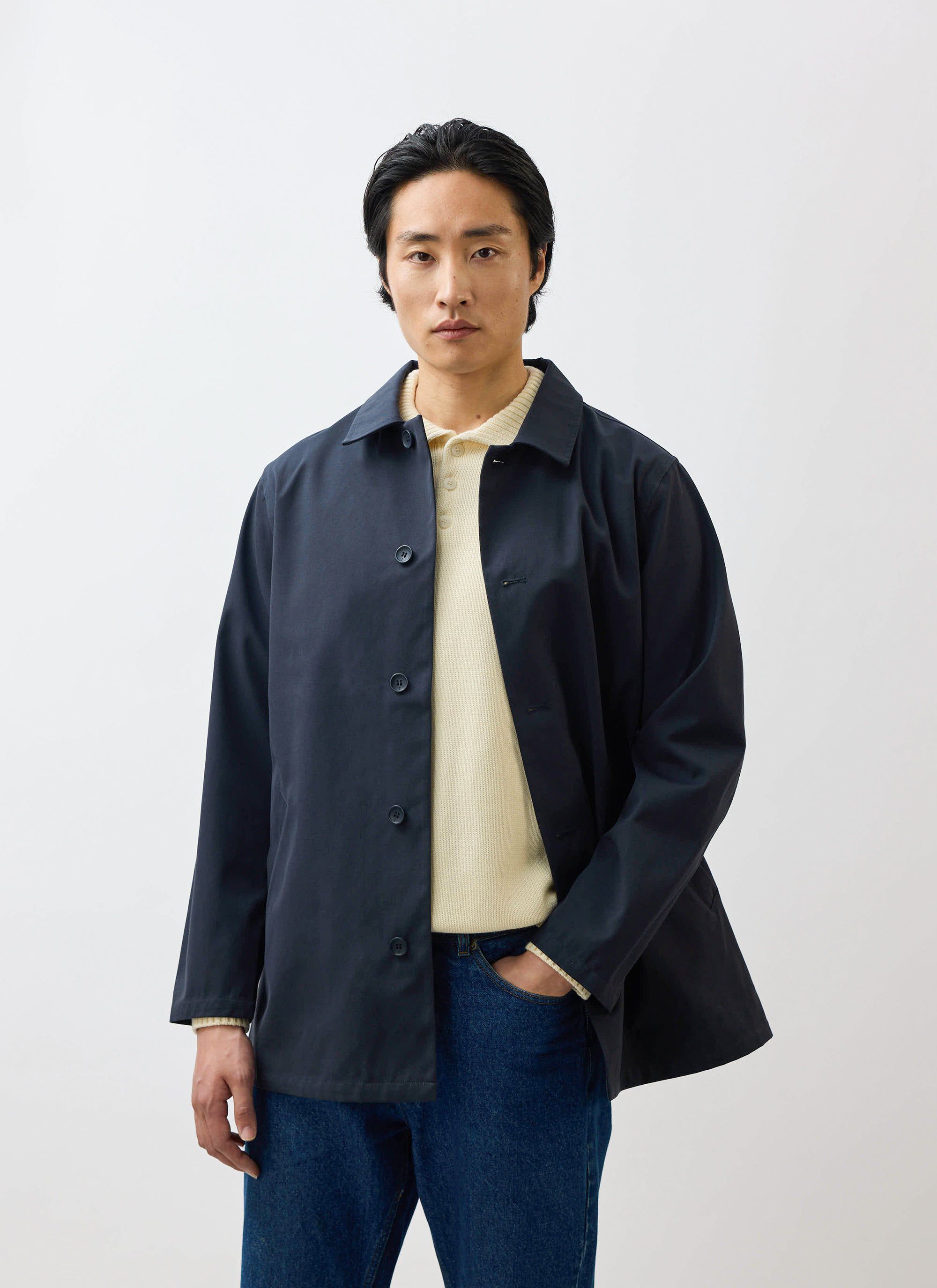 TANAKA “PADDED SHORT TRENCH” Sherlock Navy Short Trench Coat | Waterproof | Percival Menswear