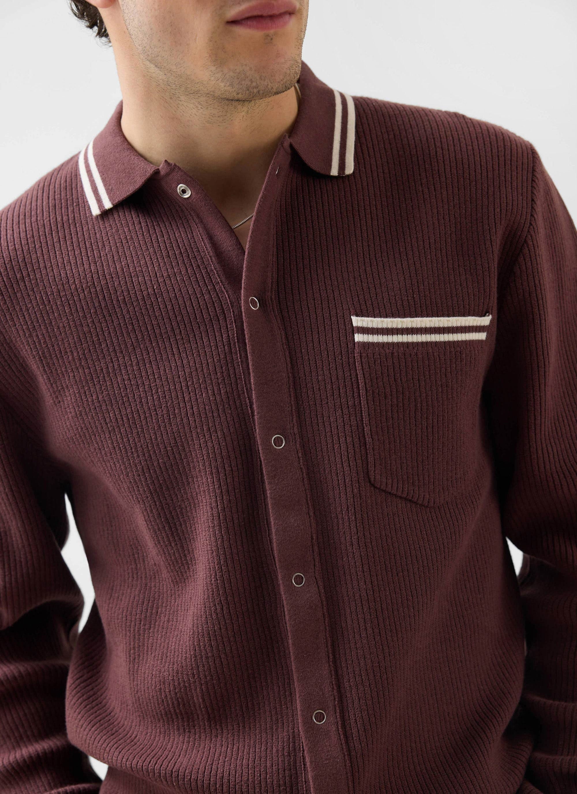 Men's Knit Shirt | Long Sleeve | Cuban Collar | Espresso Brown