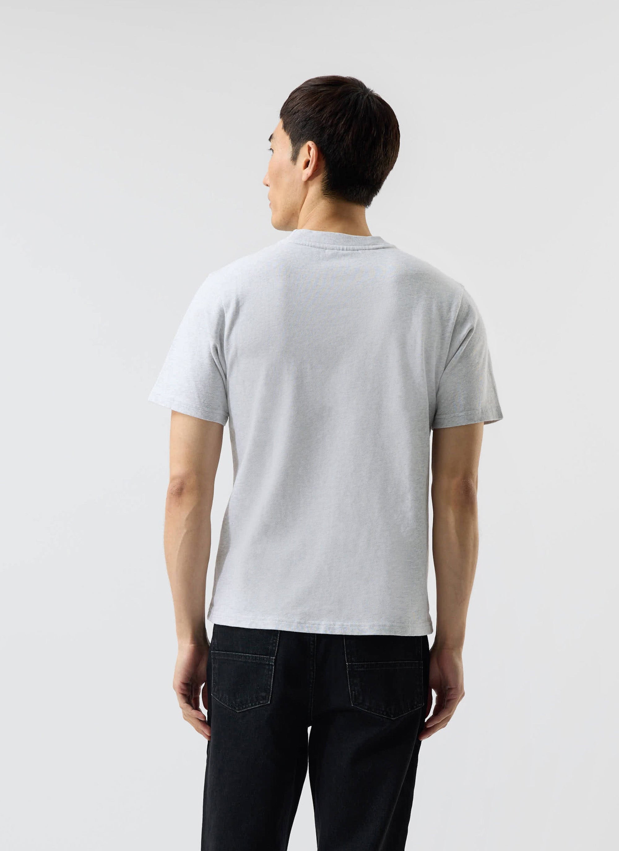 Back view of a model wearing the Percival Cropped Regular Fit T-Shirt in grey organic cotton against a white background.