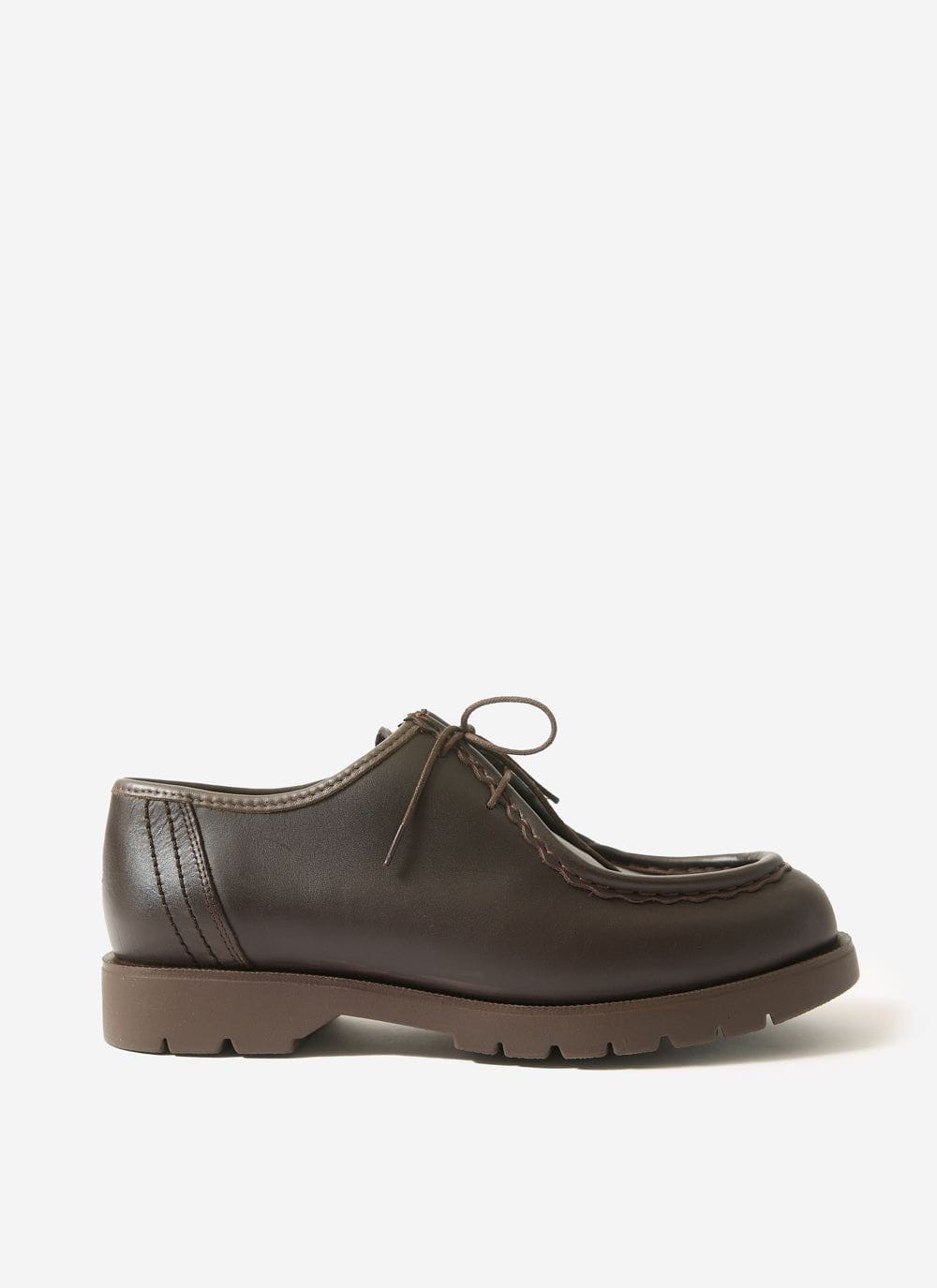 A side profile of the Percival Kleman Padror shoe in marron, a brown leather derby style with a thick rubber sole.