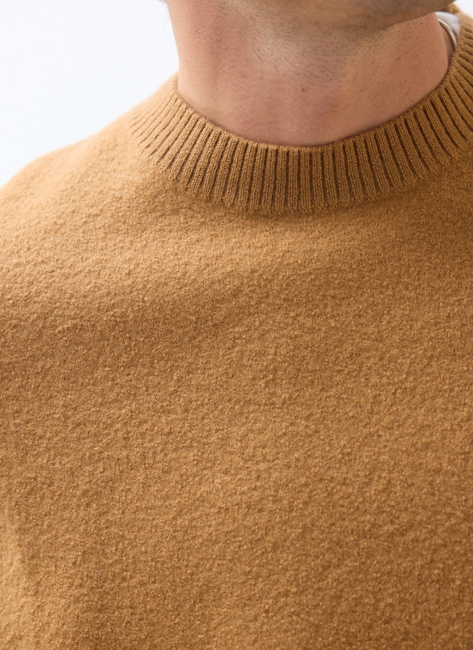 Close-up of a model wearing the brown Percival Felted Wool Jumper, showing the ribbed crewneck and soft textured knit.