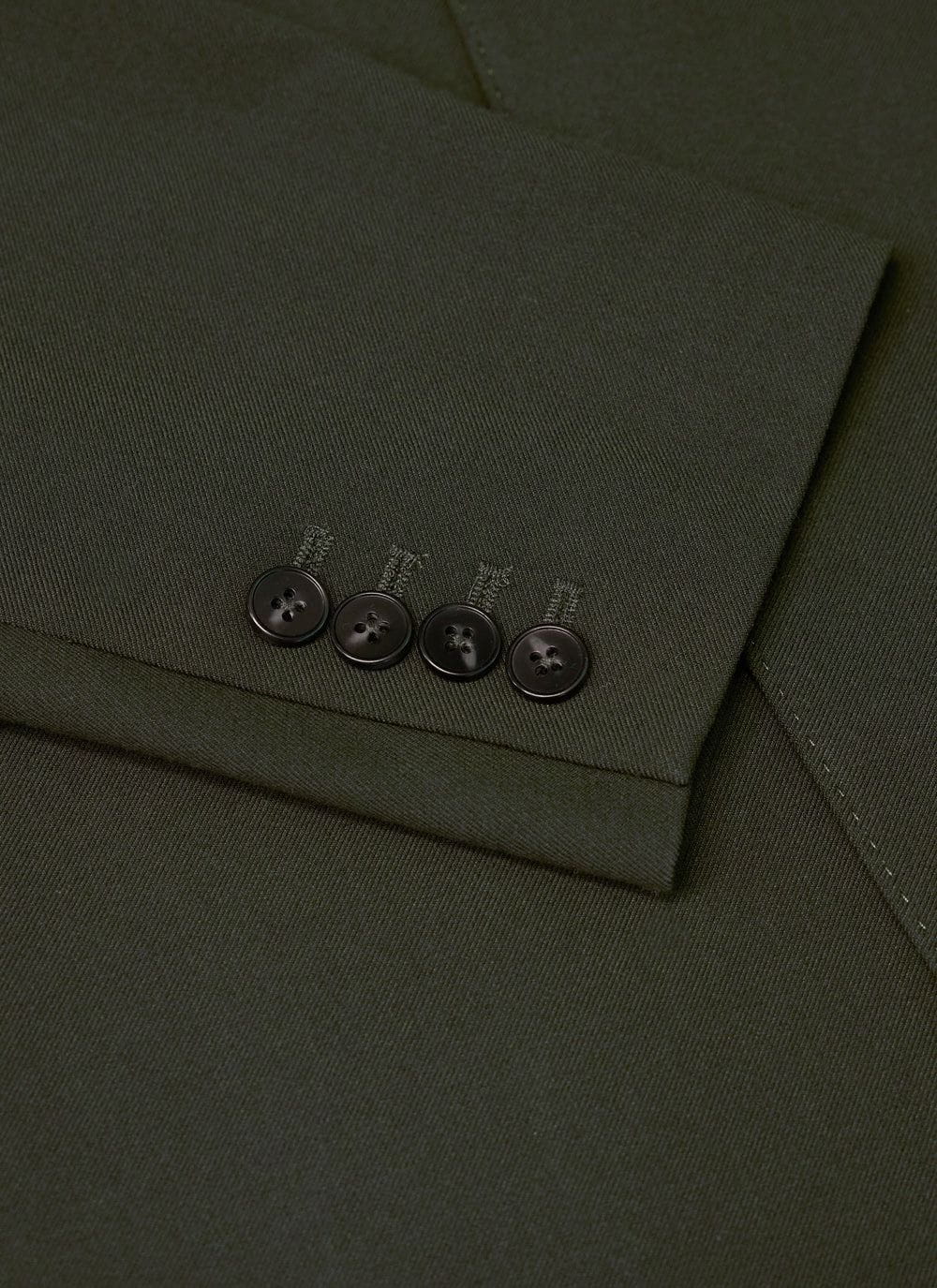 Close-up of the four-button cuff detail on the Percival Tailored Blazer in Forest green.