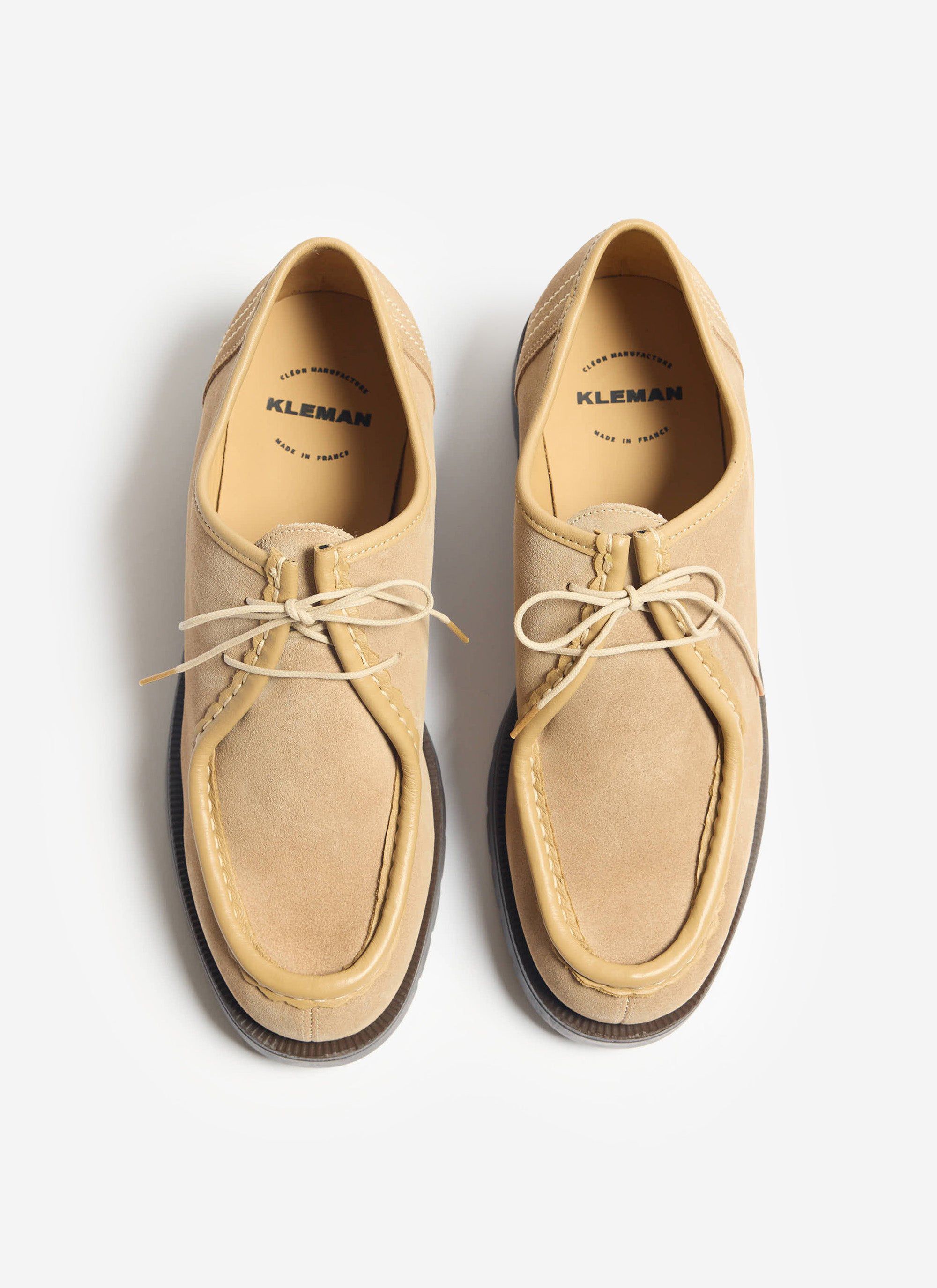 The Kleman Padror V Shoe in beige leather from Percival, shot from a top-down angle against a white background.