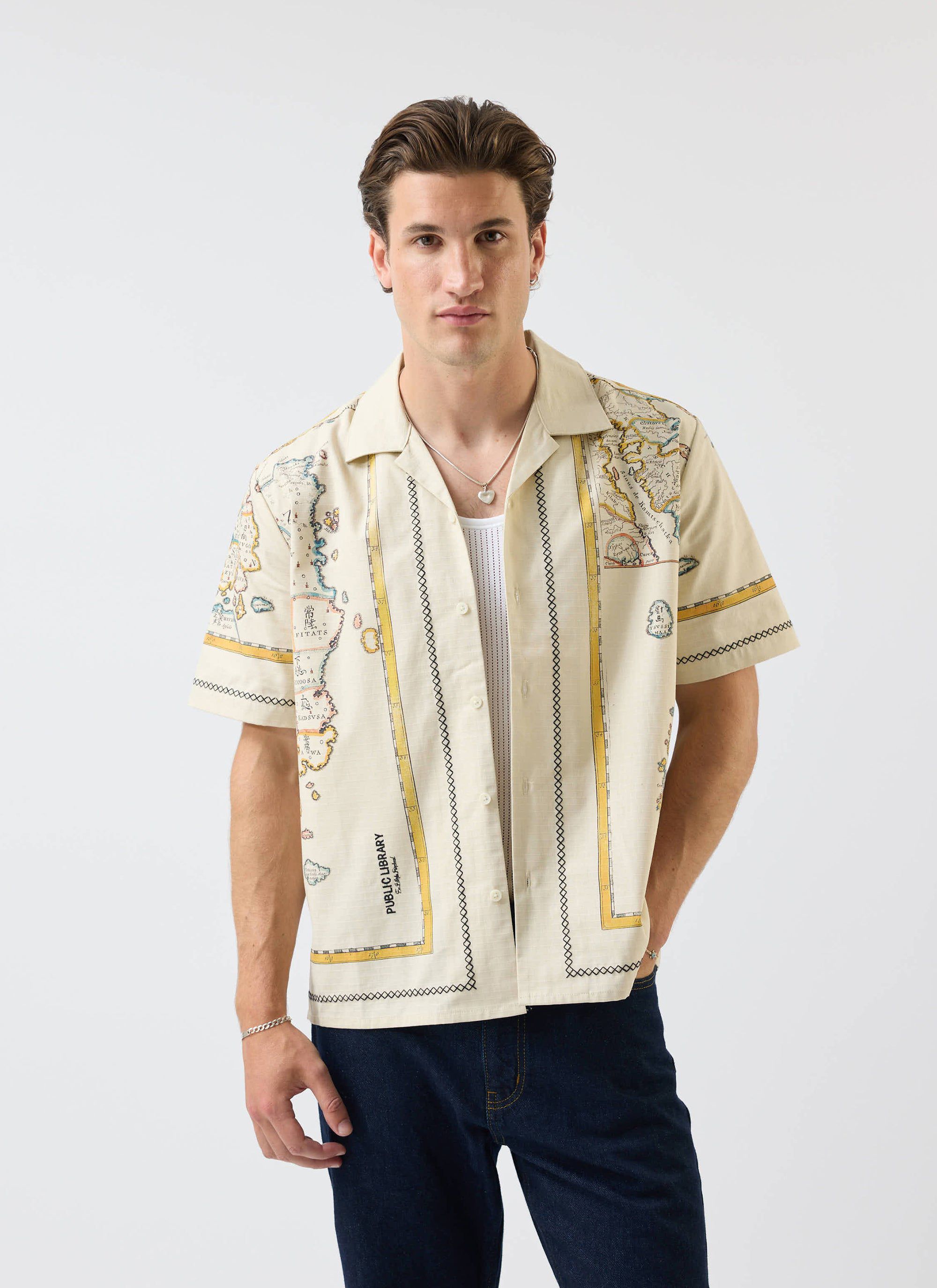 Men's Cuban Shirt: Ex Libris | World Artwork | Cotton | Cream