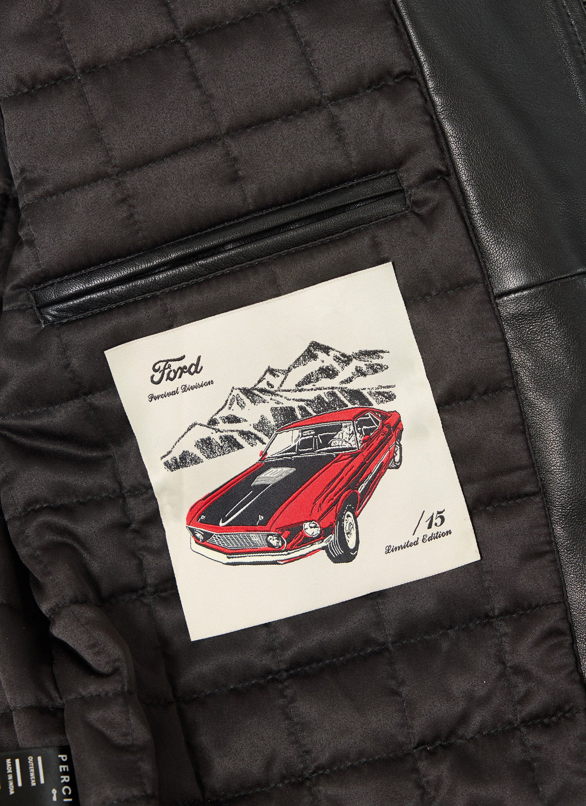 Close up of the limited edition Ford Mustang label inside the black quilted lining of the Percival Raceway Bomber jacket.