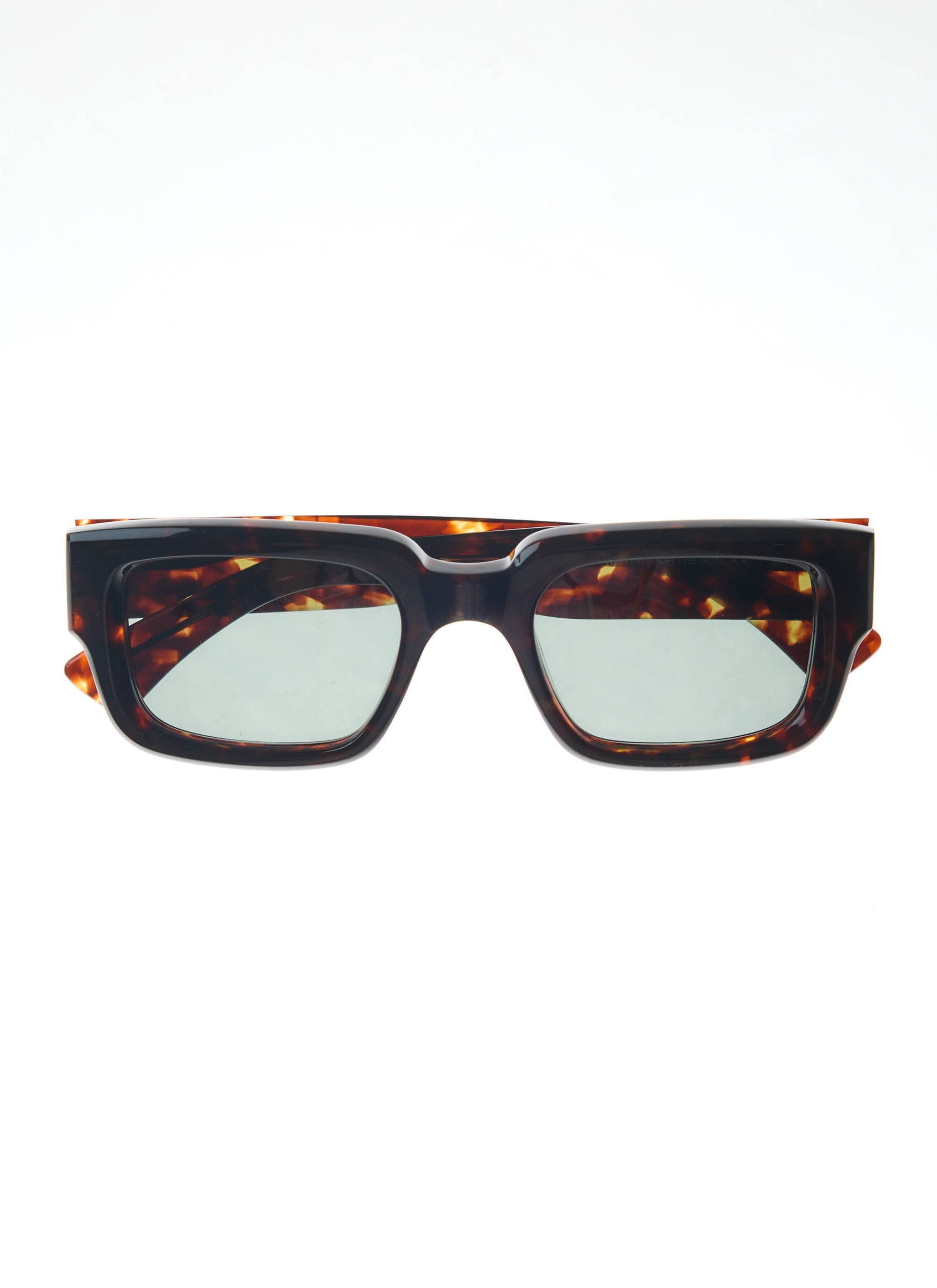 A front-on studio shot of the Percival P002-E20 sunglasses in Demi Brown Tortoise with bottle green lenses.