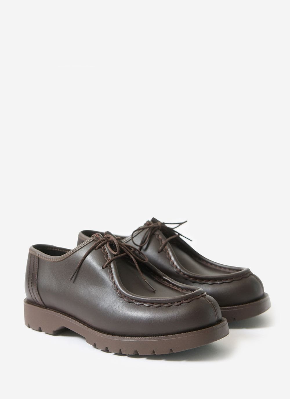 Percival's Kleman Padror shoes in marron brown leather, with serrated stitching and a chunky rubber sole.