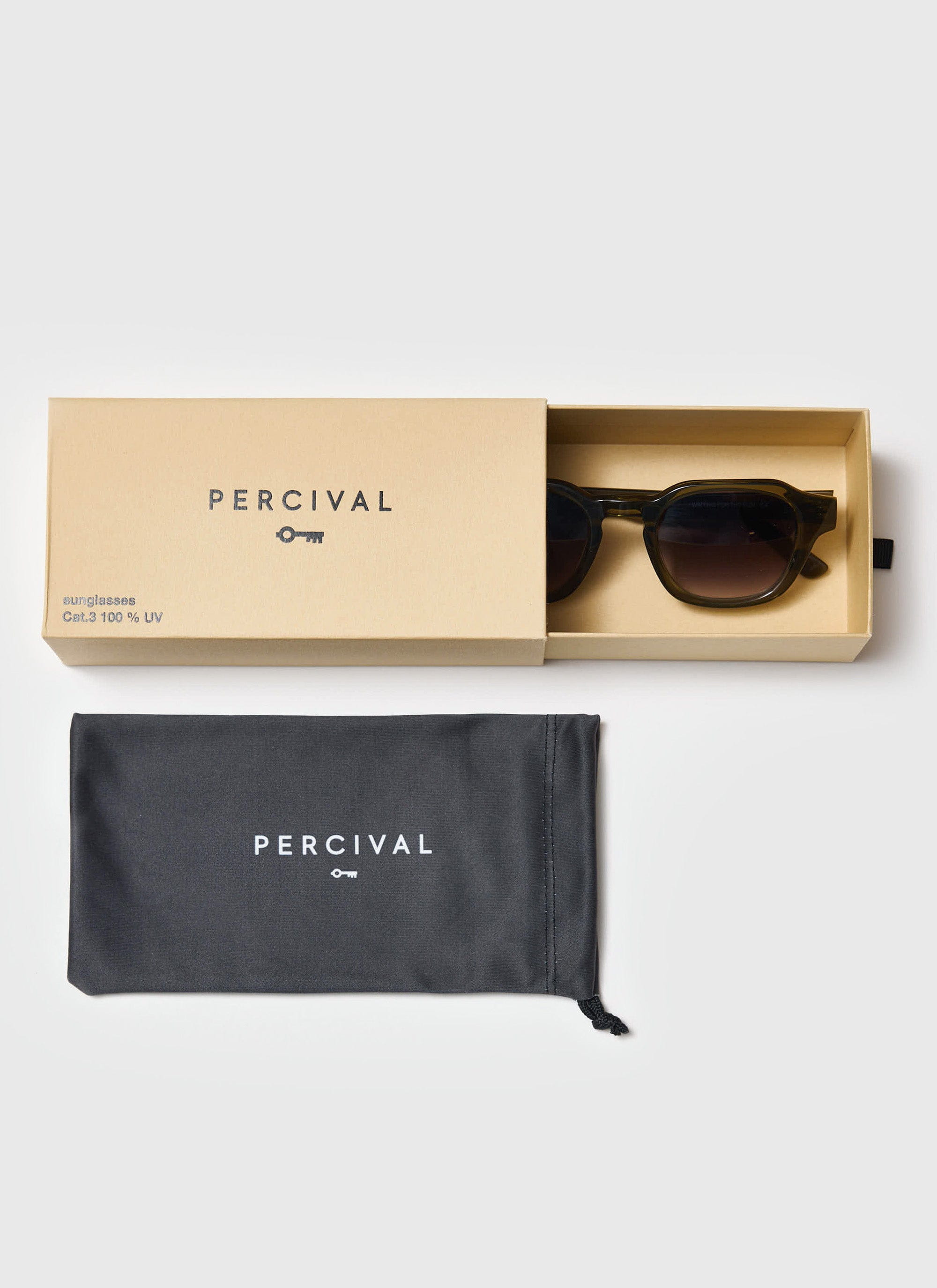 The Percival olive green sunglasses shown inside their branded presentation box, with the matching grey protective pouch.